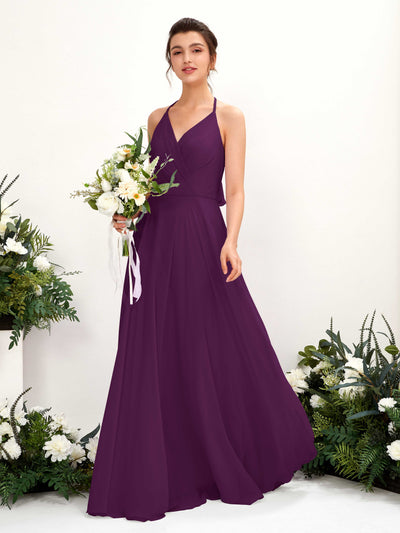 Carlyna Launo A-Line Grape Bridesmaid Dress Maxi Sleeveless V-Neck Dress Front View #color_grape