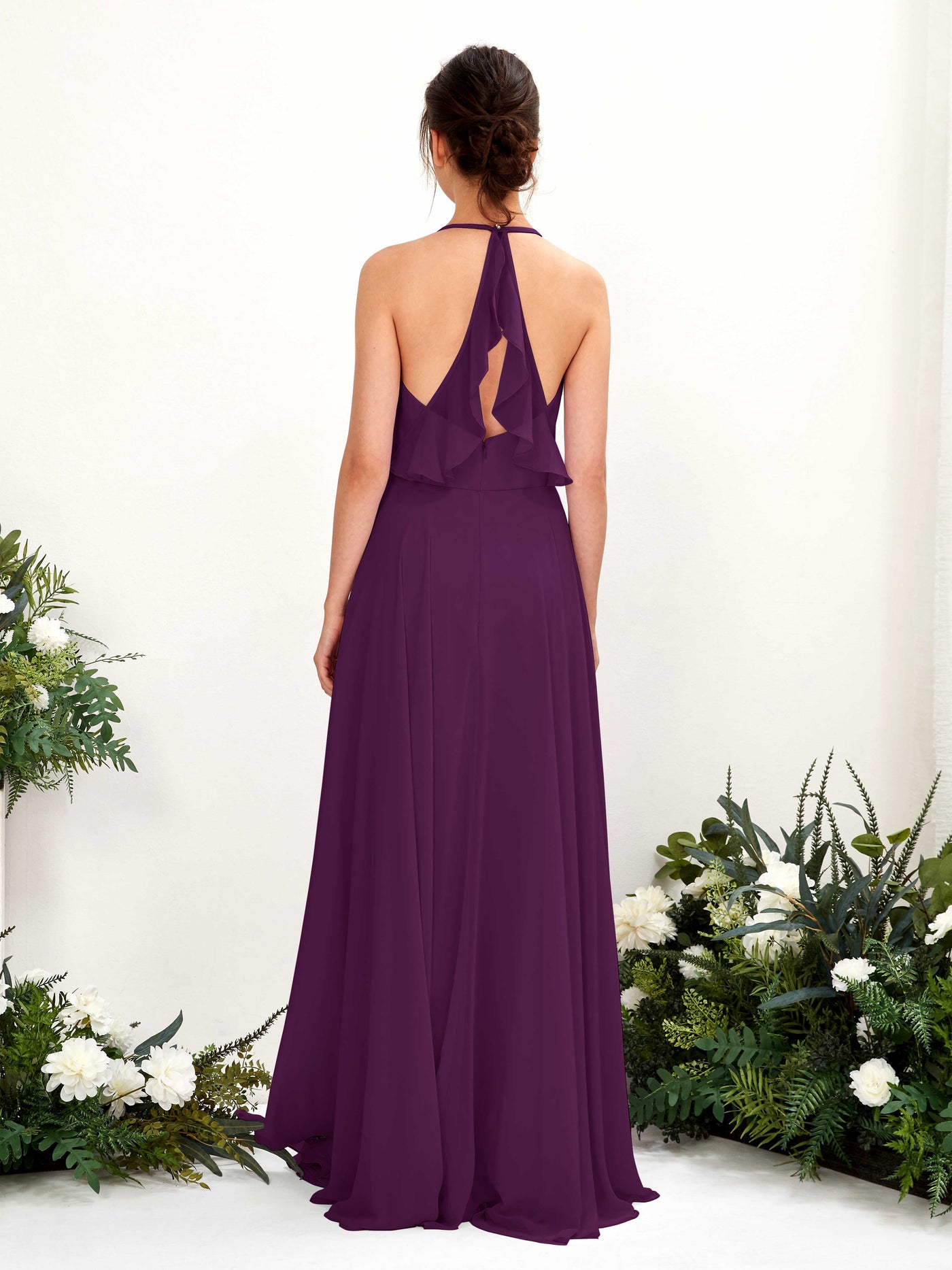 Halter V-neck Sleeveless Chiffon Bridesmaid Dress - Grape (81221031)#color_grape