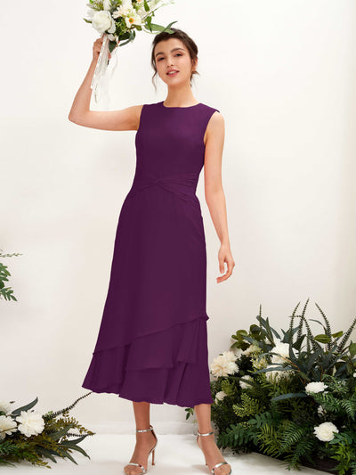 Carlyna Raina Mermaid Grape Bridesmaid Dress Midi Sleeveless Round Neck Dress Front View #color_grape