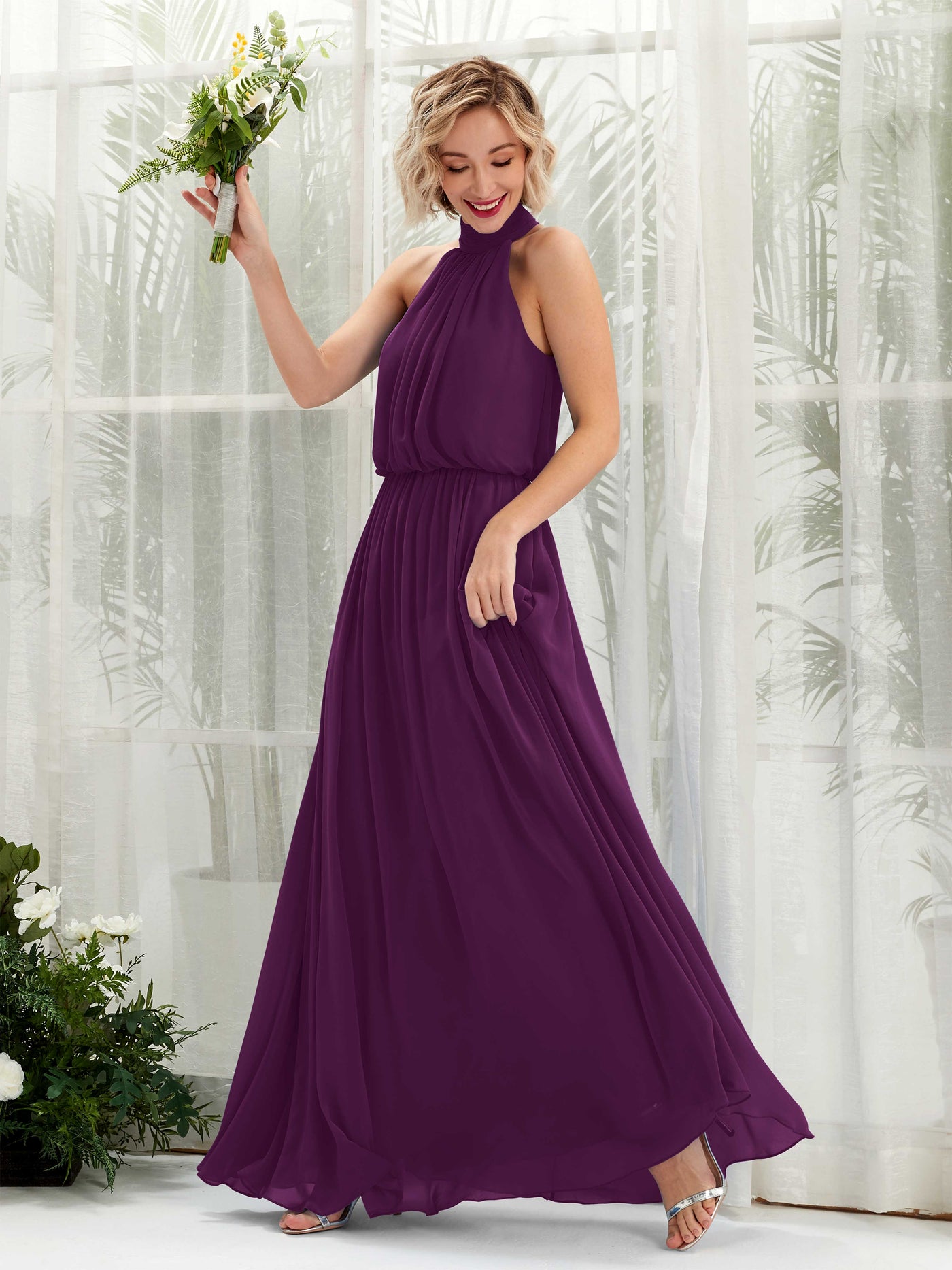 Grape Bridesmaid Dresses Bridesmaid Dress A-line Chiffon Halter Full Length Sleeveless Wedding Party Dress (81222931)#color_grape