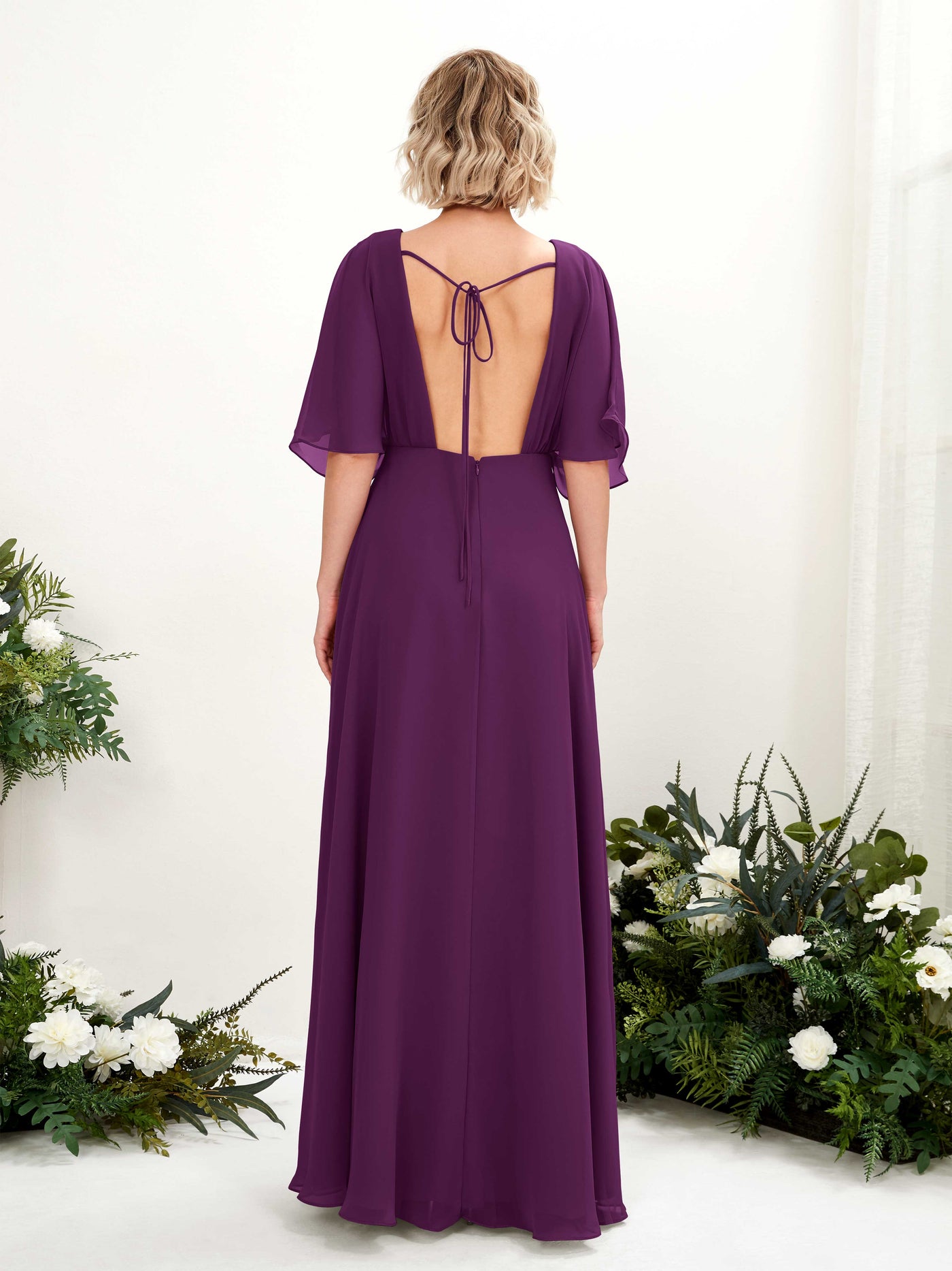 Grape Bridesmaid Dresses Bridesmaid Dress A-line Chiffon V-neck Full Length Short Sleeves Wedding Party Dress (81225131)#color_grape