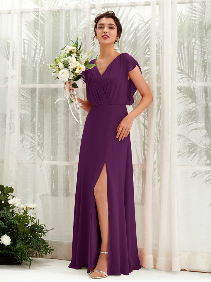 Grape Bridesmaid Dresses Bridesmaid Dress A-line Chiffon V-neck Full Length Short Sleeves Wedding Party Dress (81225631)