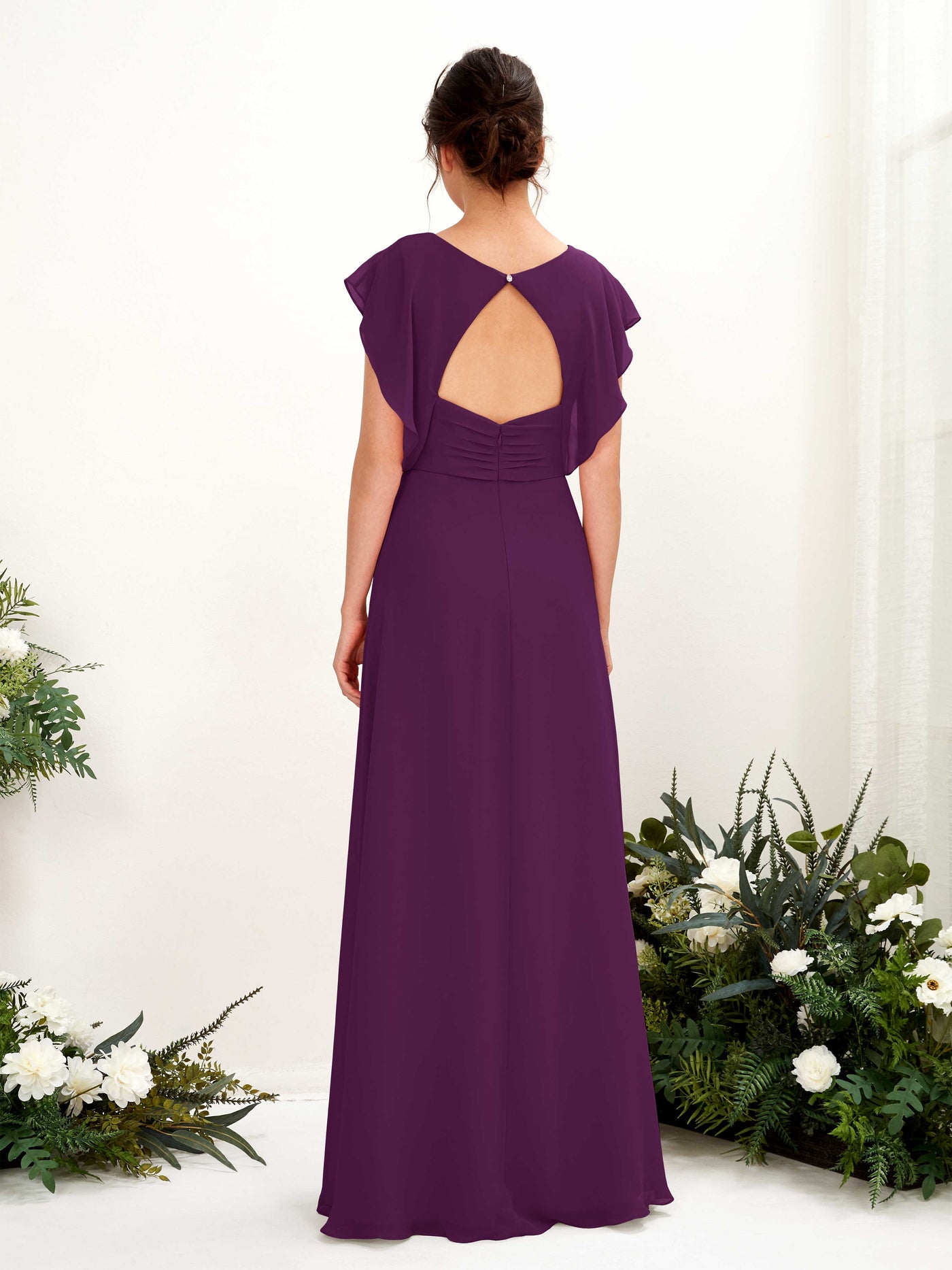 Grape Bridesmaid Dresses Bridesmaid Dress A-line Chiffon V-neck Full Length Short Sleeves Wedding Party Dress (81225631)#color_grape