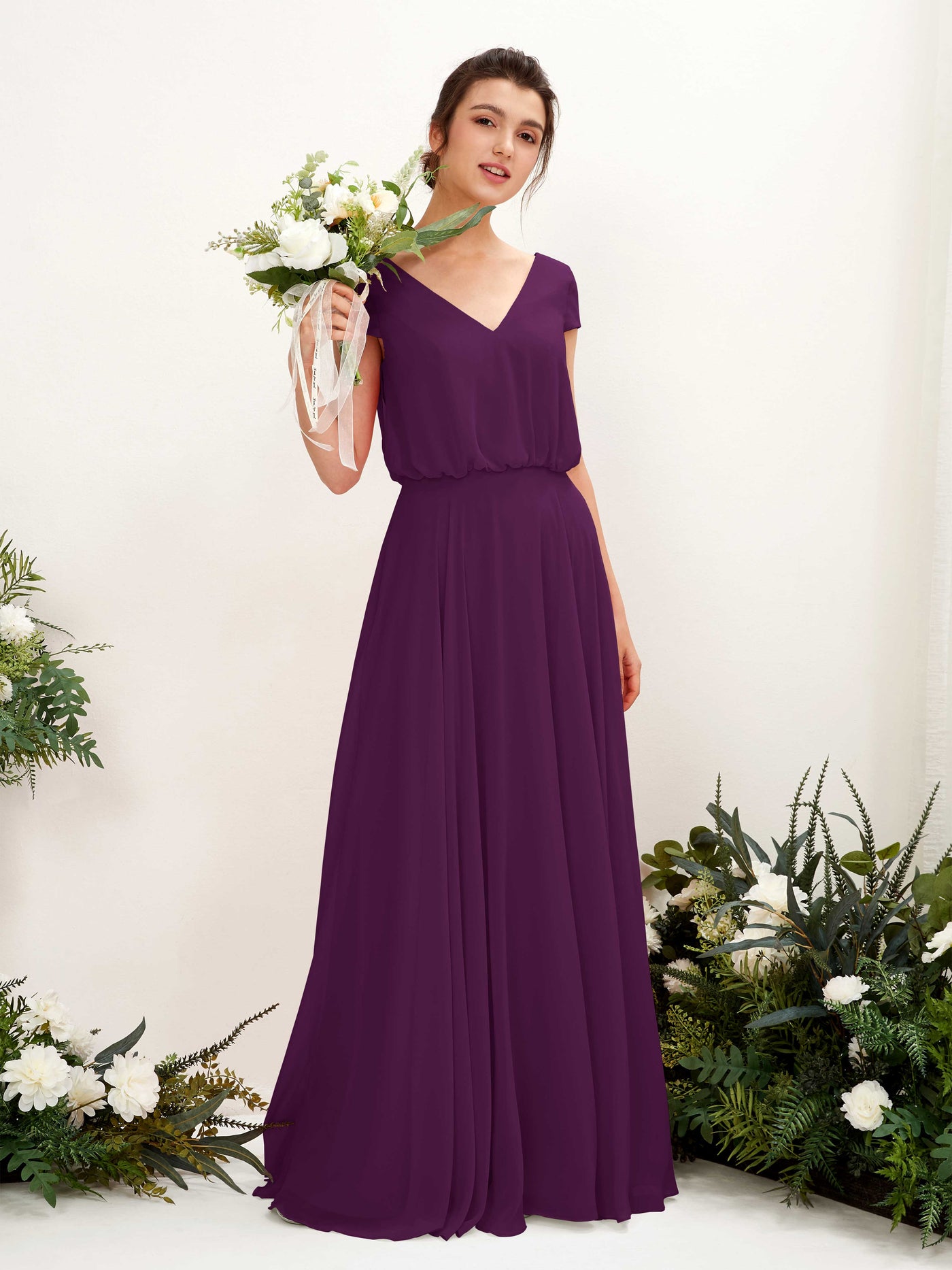 Grape Bridesmaid Dresses Bridesmaid Dress A-line Chiffon V-neck Full Length Short Sleeves Wedding Party Dress (81221831)#color_grape