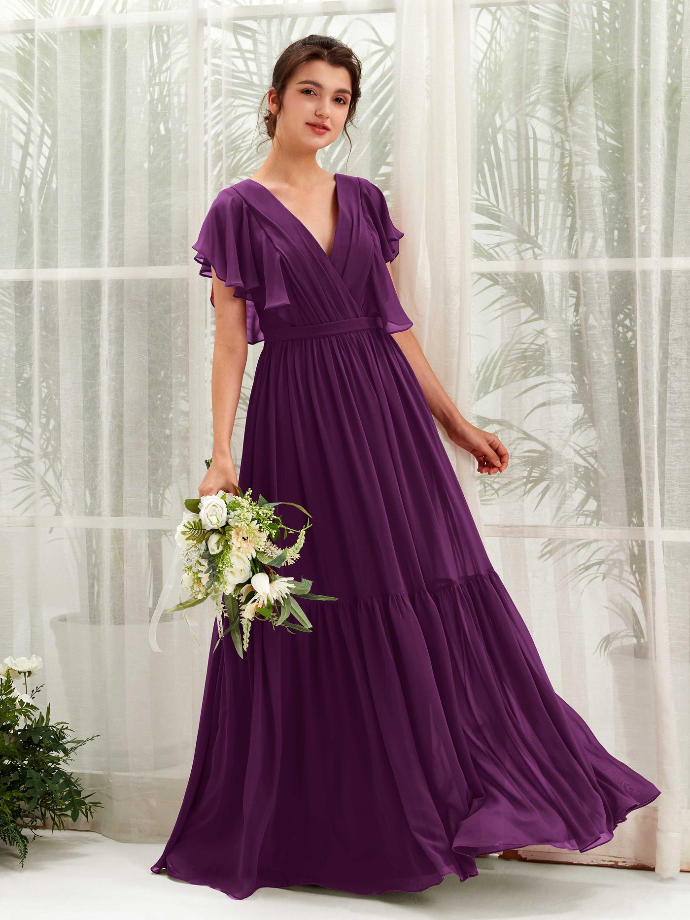 Grape Bridesmaid Dresses Bridesmaid Dress A-line Chiffon V-neck Full Length Short Sleeves Wedding Party Dress (81225931)#color_grape