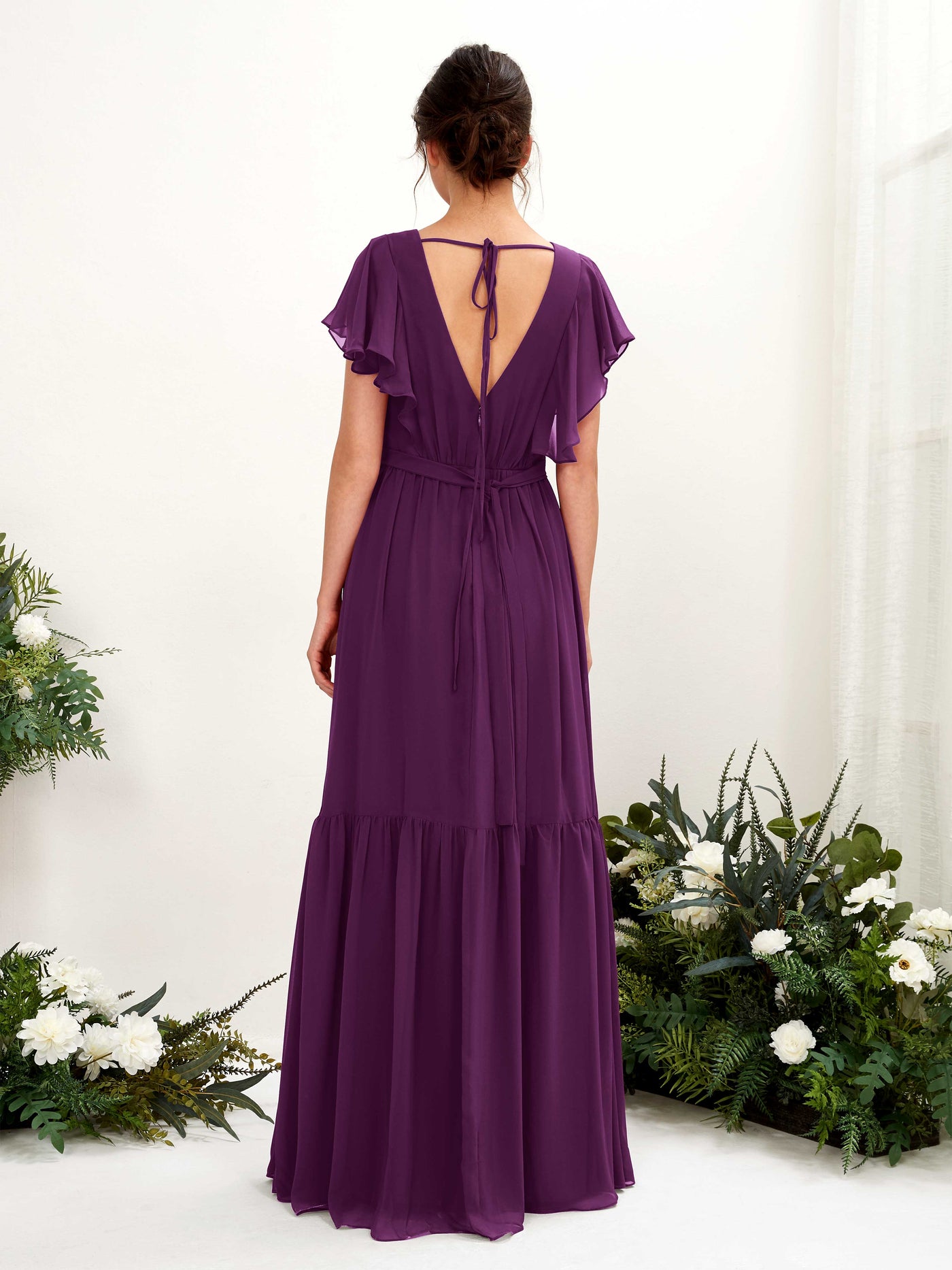 Grape Bridesmaid Dresses Bridesmaid Dress A-line Chiffon V-neck Full Length Short Sleeves Wedding Party Dress (81225931)#color_grape