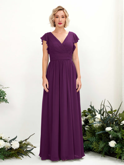 Carlyna Grino A-Line Grape Bridesmaid Dress Maxi Cap Sleeve V-Neck Dress Front View #color_grape