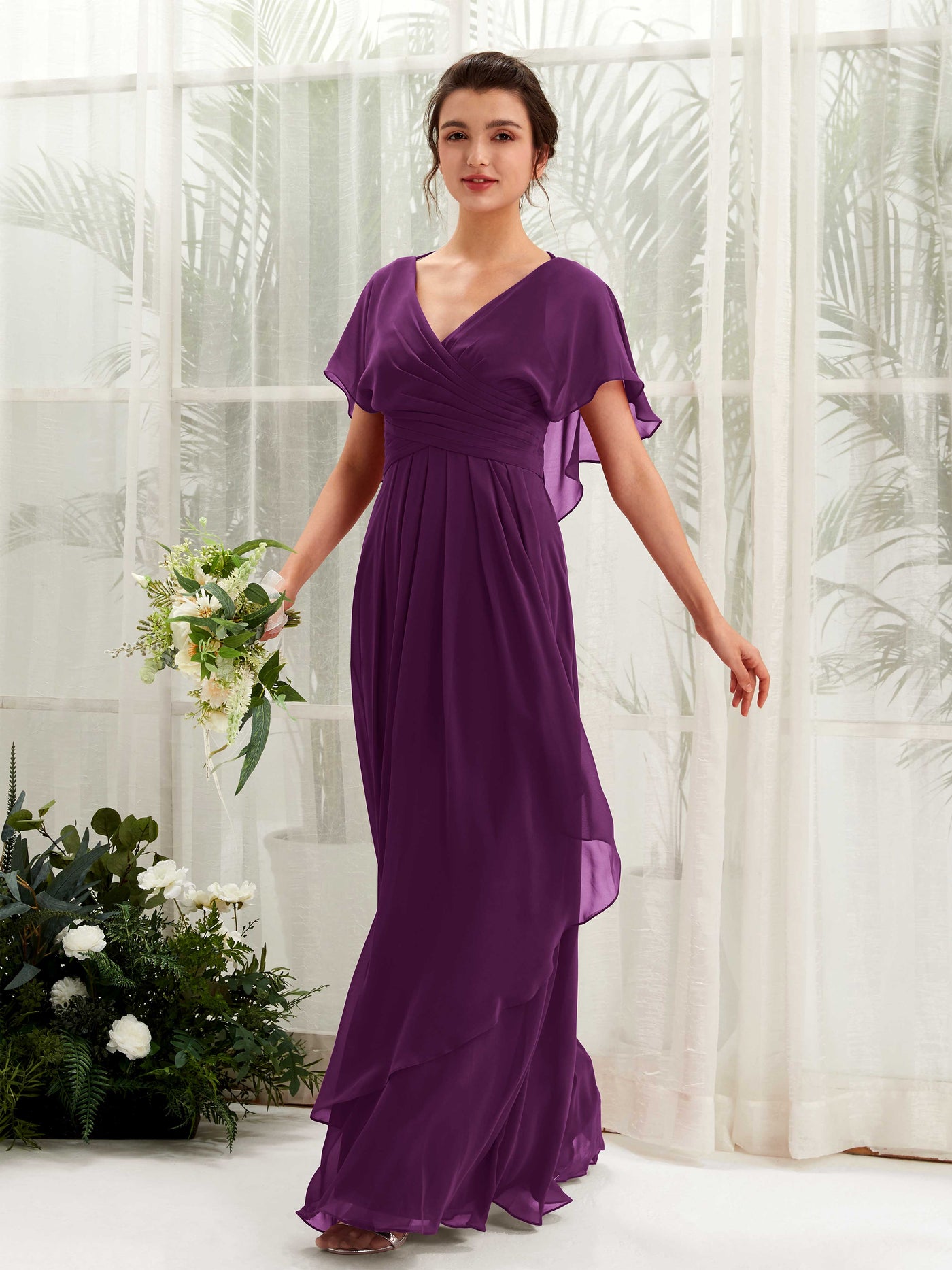 Open back V-neck Short Sleeves Chiffon Bridesmaid Dress - Grape (81226131)#color_grape