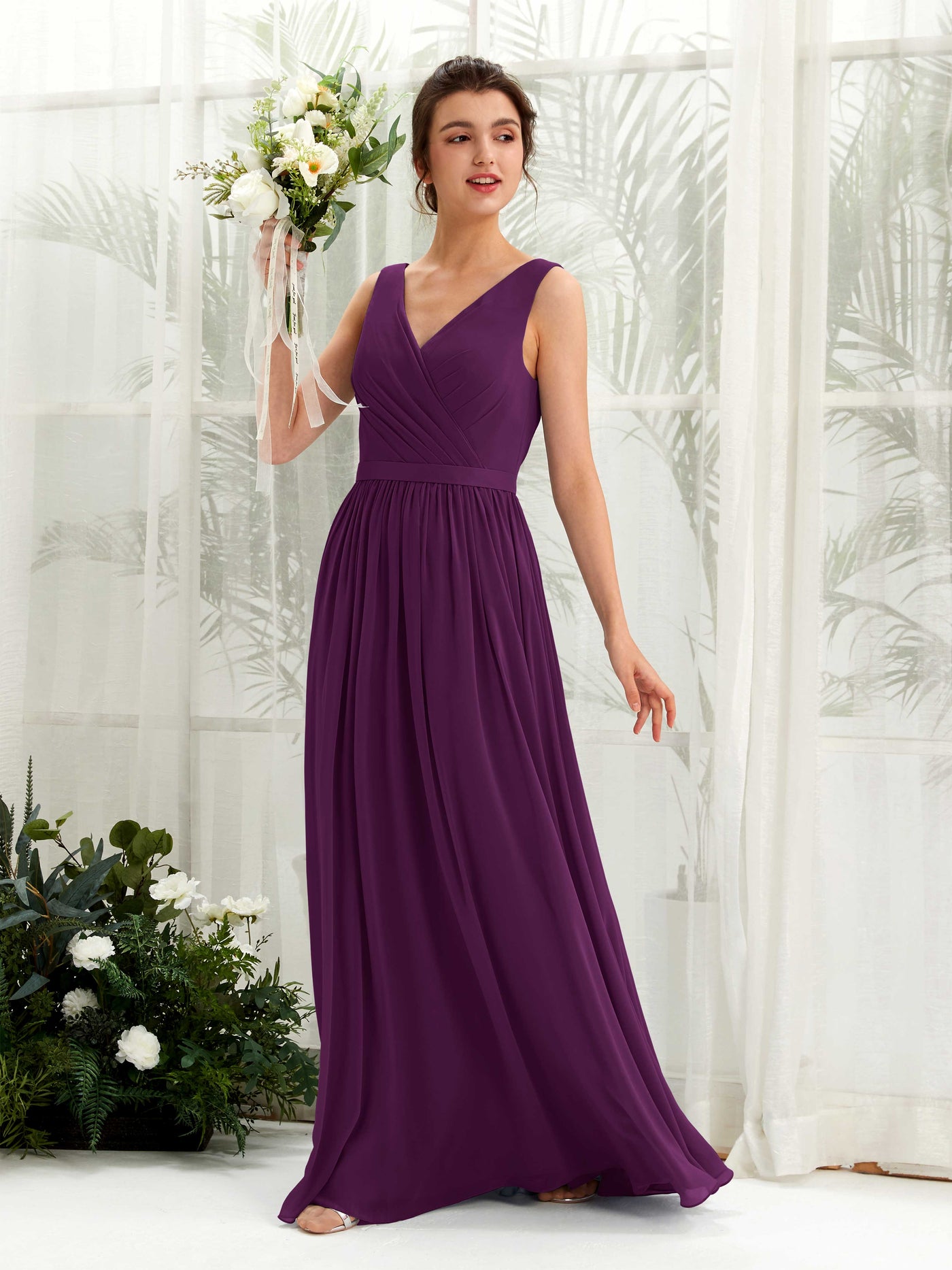 Grape Bridesmaid Dresses Bridesmaid Dress A-line Chiffon V-neck Full Length Sleeveless Wedding Party Dress (81223631)#color_grape