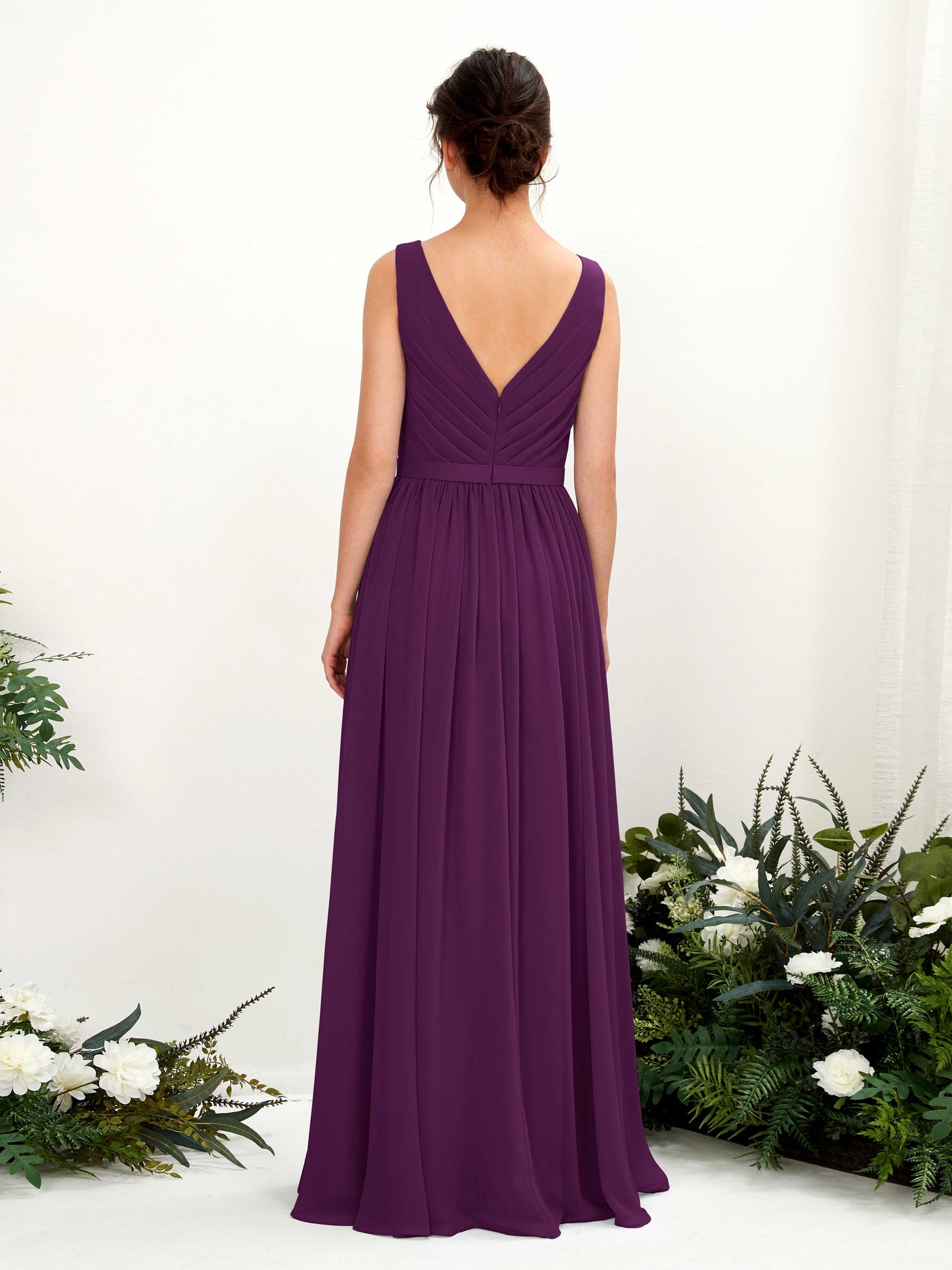 Grape Bridesmaid Dresses Bridesmaid Dress A-line Chiffon V-neck Full Length Sleeveless Wedding Party Dress (81223631)#color_grape