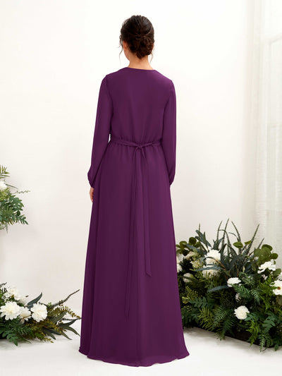 Carlyna Elsie A-Line Grape Bridesmaid Dress Maxi Long Sleeve V-Neck Back View #color_grape