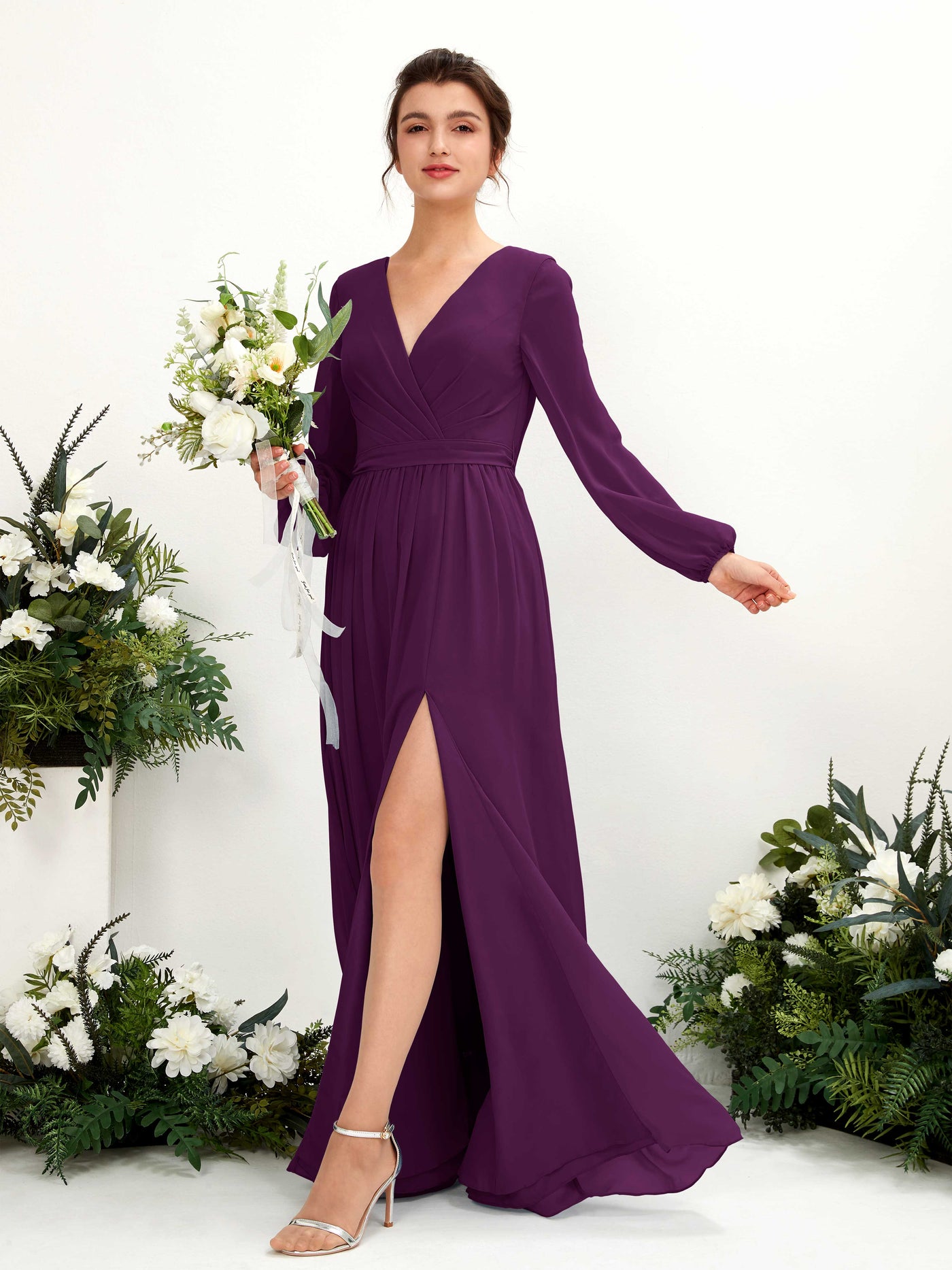 Grape Bridesmaid Dresses Bridesmaid Dress A-line Chiffon V-neck Full Length Long Sleeves Wedding Party Dress (81223831)#color_grape