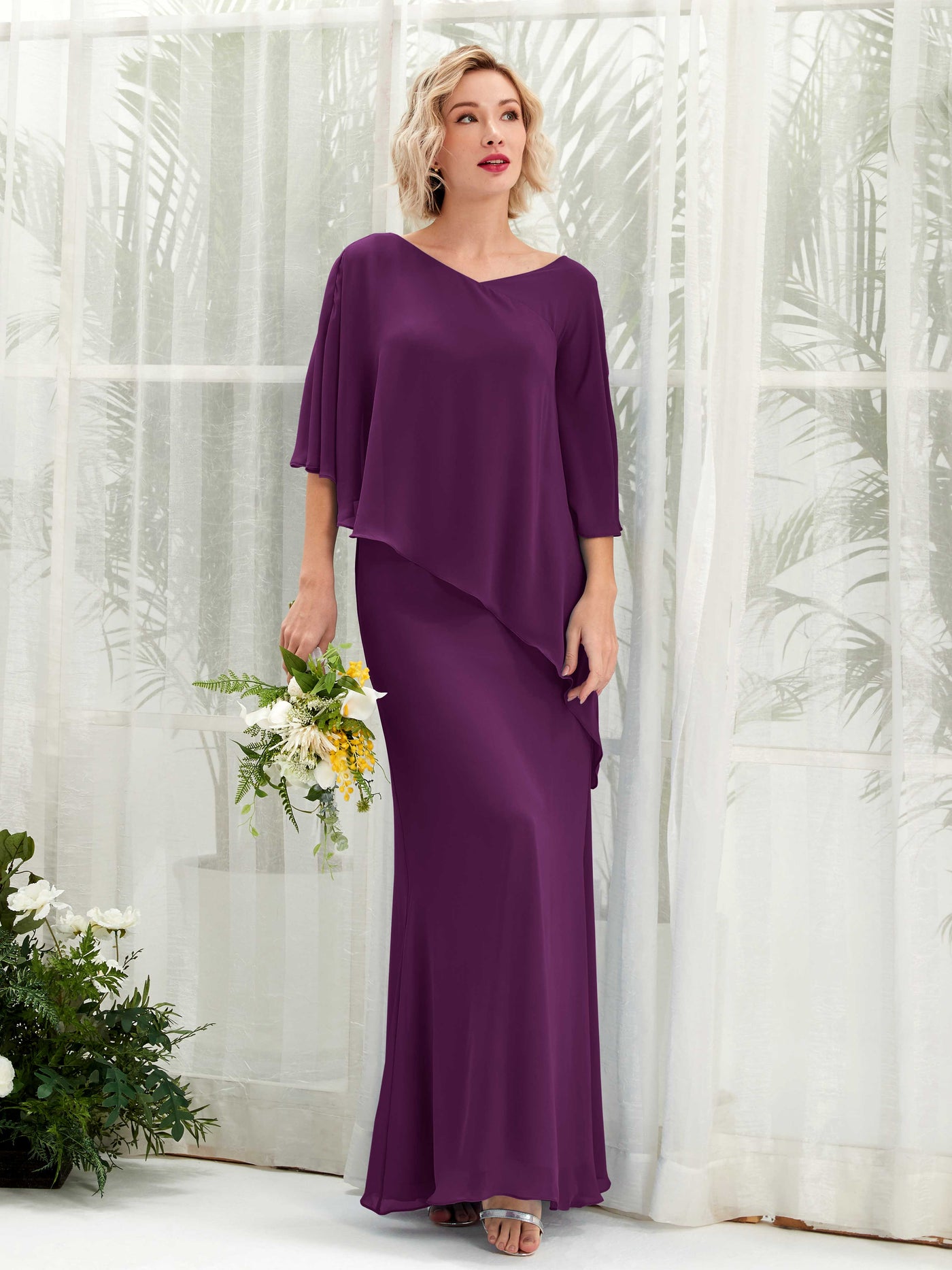 Grape Bridesmaid Dresses Bridesmaid Dress Bohemian Chiffon V-neck Full Length 3/4 Sleeves Wedding Party Dress (81222531)#color_grape