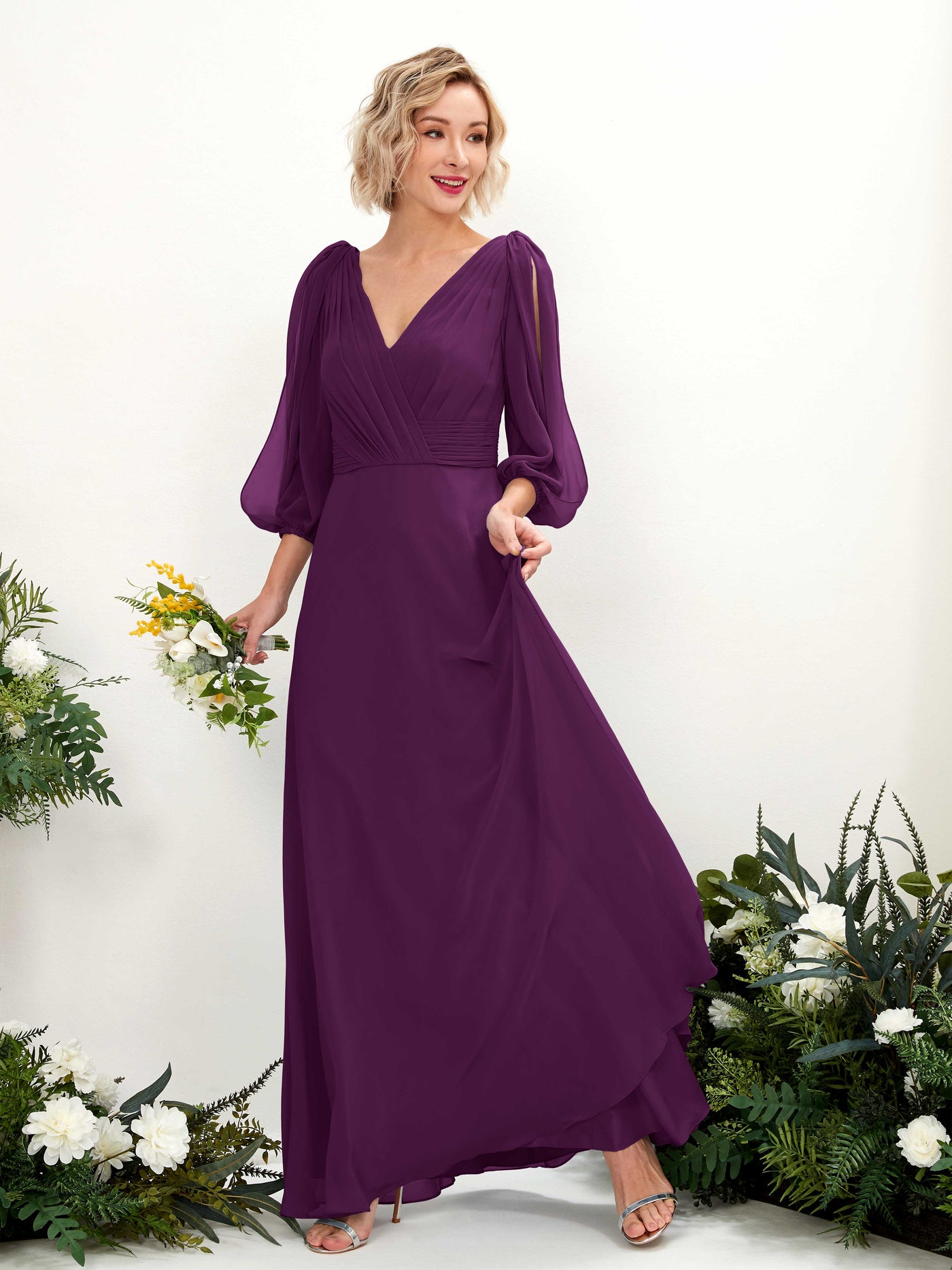 Grape Bridesmaid Dresses Bridesmaid Dress Chiffon V-neck Full Length Long Sleeves Wedding Party Dress (81223531)#color_grape