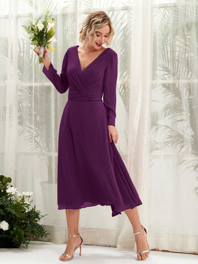 Carlyna Joanna A-Line Grape Bridesmaid Dress Midi Long Sleeve V-Neck Front View #color_grape