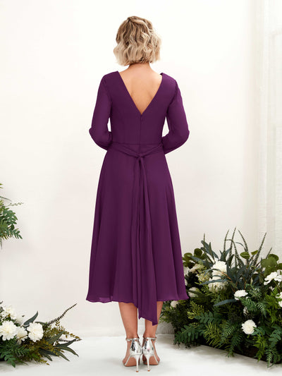 Carlyna Joanna A-Line Grape Bridesmaid Dress Midi Long Sleeve V-Neck Back View #color_grape