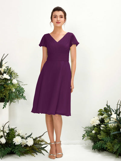 Carlyna Betty A-Line Grape Bridesmaid Dress Knee-Length Short Sleeve V-Neck Dress Front View #color_grape