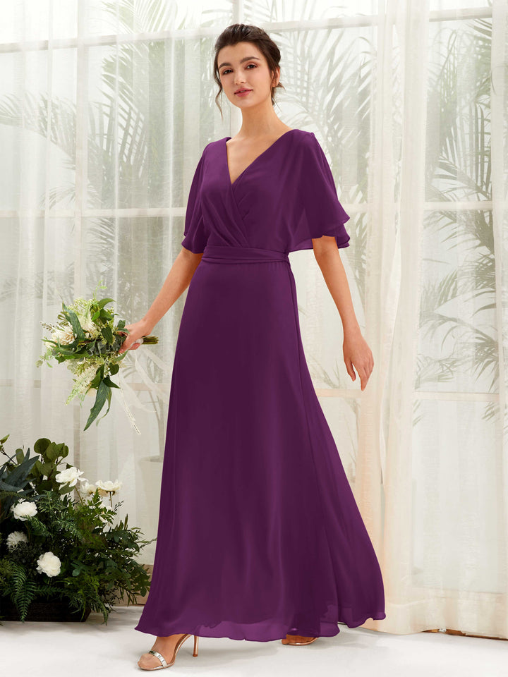 Grape Bridesmaid Dresses Bridesmaid Dress A-line Chiffon V-neck Full Length Short Sleeves Wedding Party Dress (81222431)