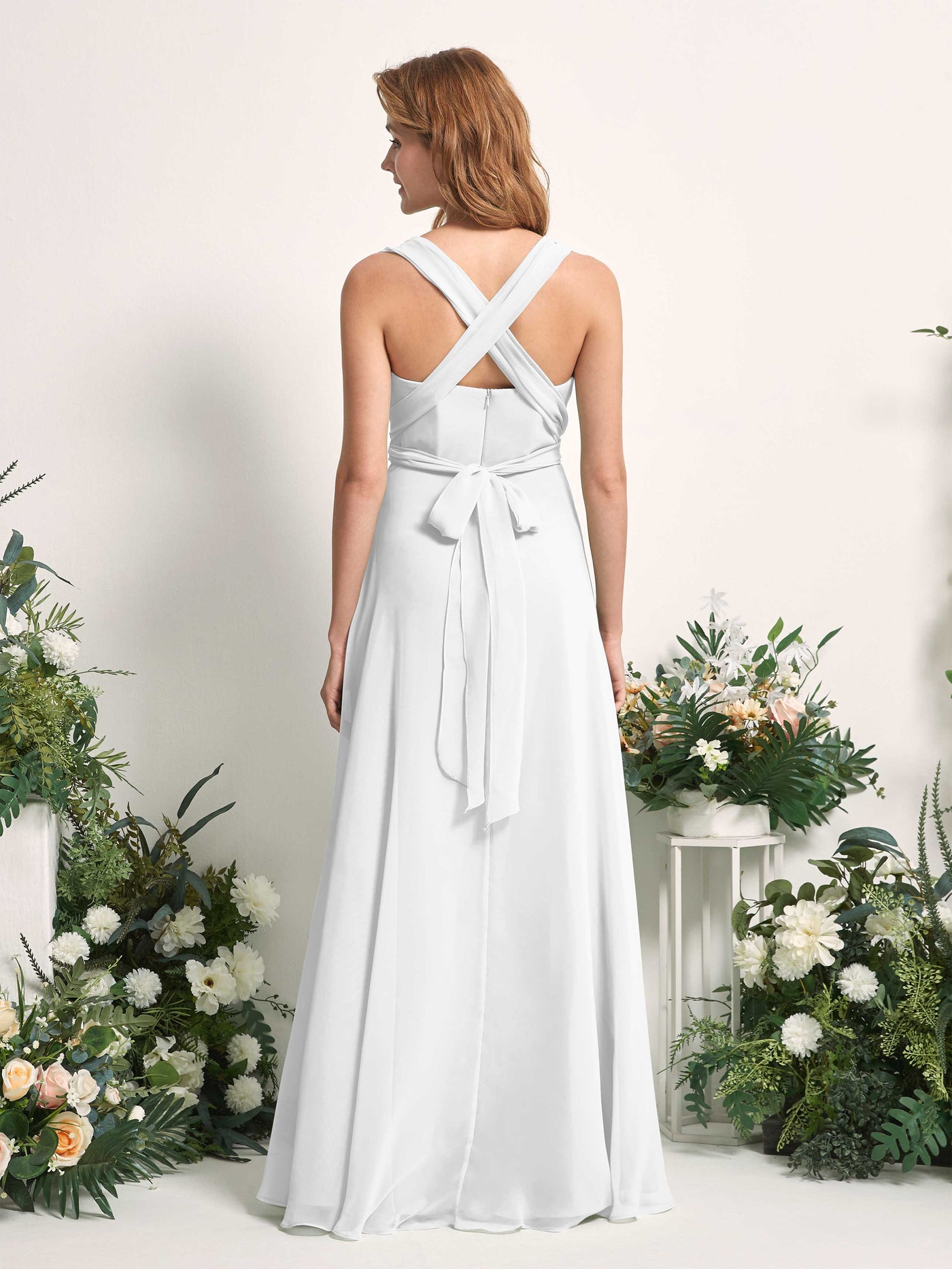 White Bridesmaid Dresses Bridesmaid Dress A-line Chiffon Halter Full Length Short Sleeves Wedding Party Dress (81226342)#color_white