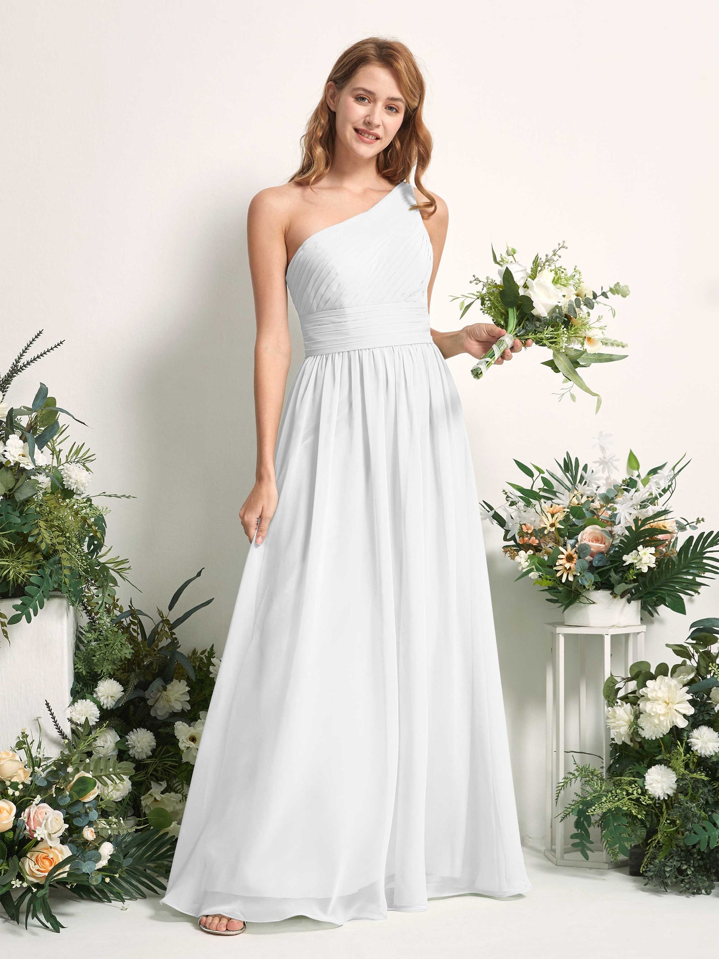 Bridesmaid Dress A-line Chiffon One Shoulder Full Length Sleeveless Wedding Party Dress - White (81226742)#color_white