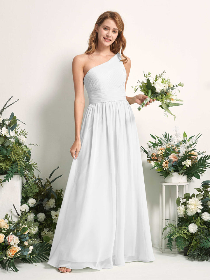 Bridesmaid Dress A-line Chiffon One Shoulder Full Length Sleeveless Wedding Party Dress - White (81226742)
