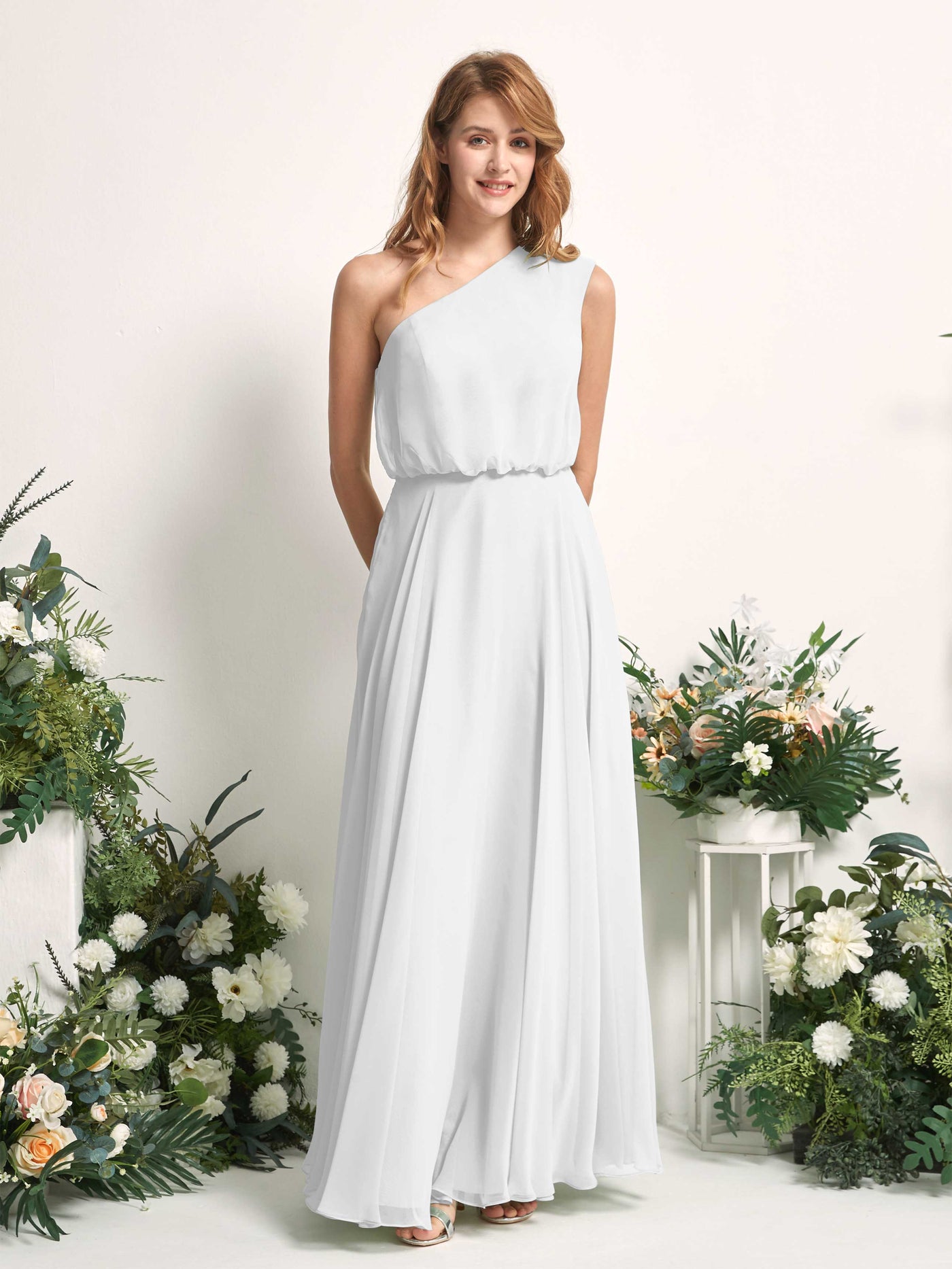 Bridesmaid Dress A-line Chiffon One Shoulder Full Length Sleeveless Wedding Party Dress - White (81226842)#color_white