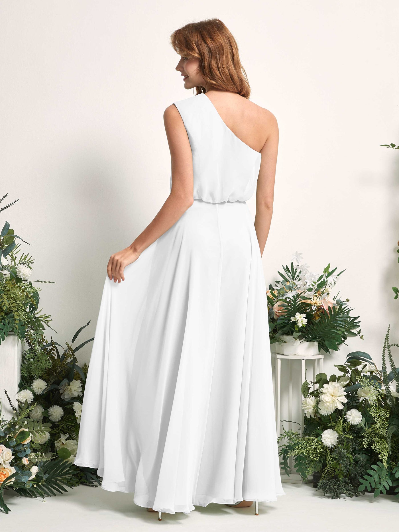 Bridesmaid Dress A-line Chiffon One Shoulder Full Length Sleeveless Wedding Party Dress - White (81226842)#color_white