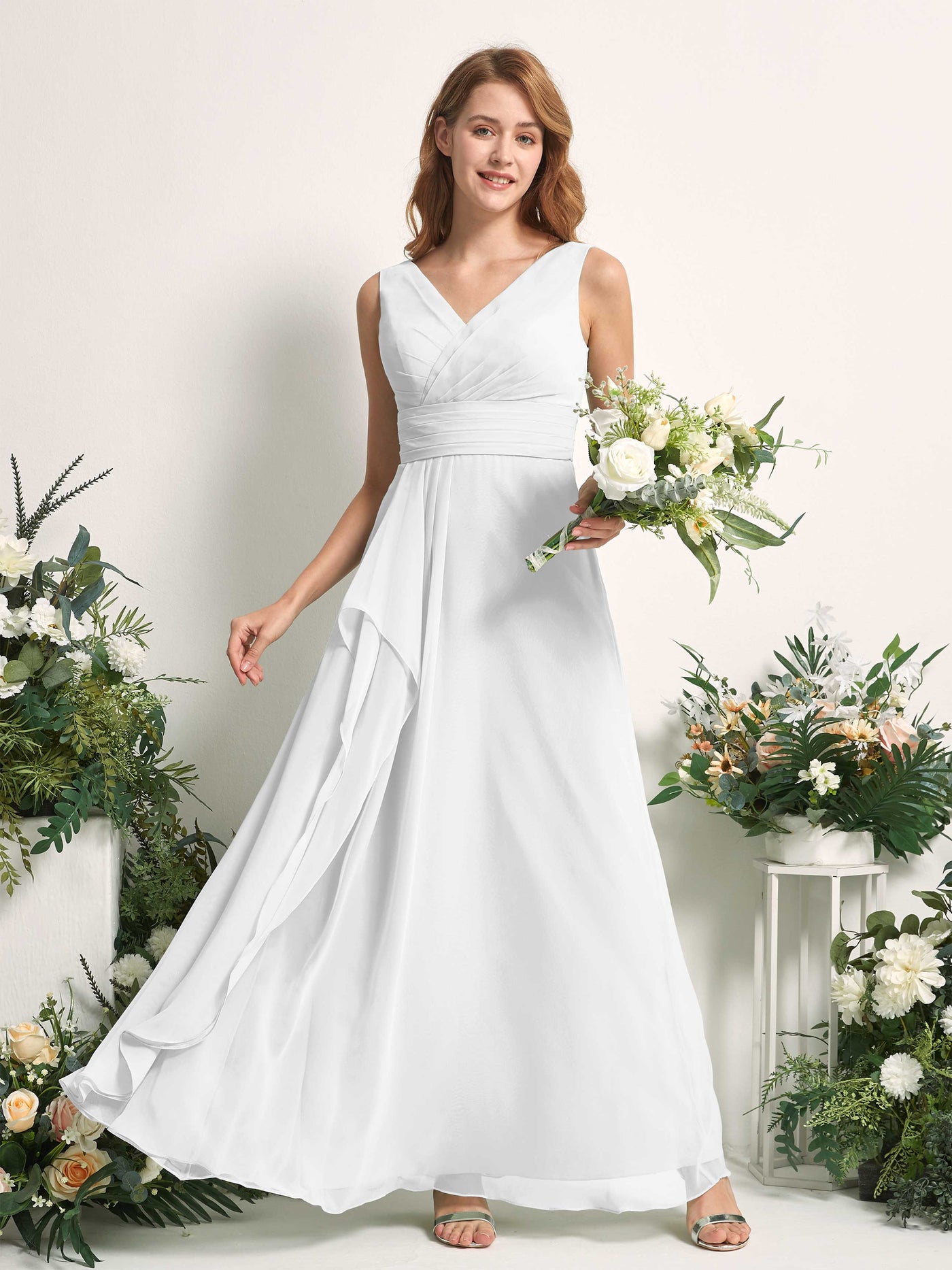 Bridesmaid Dress A-line Chiffon V-neck Full Length Sleeveless Wedding Party Dress - White (81227142)#color_white