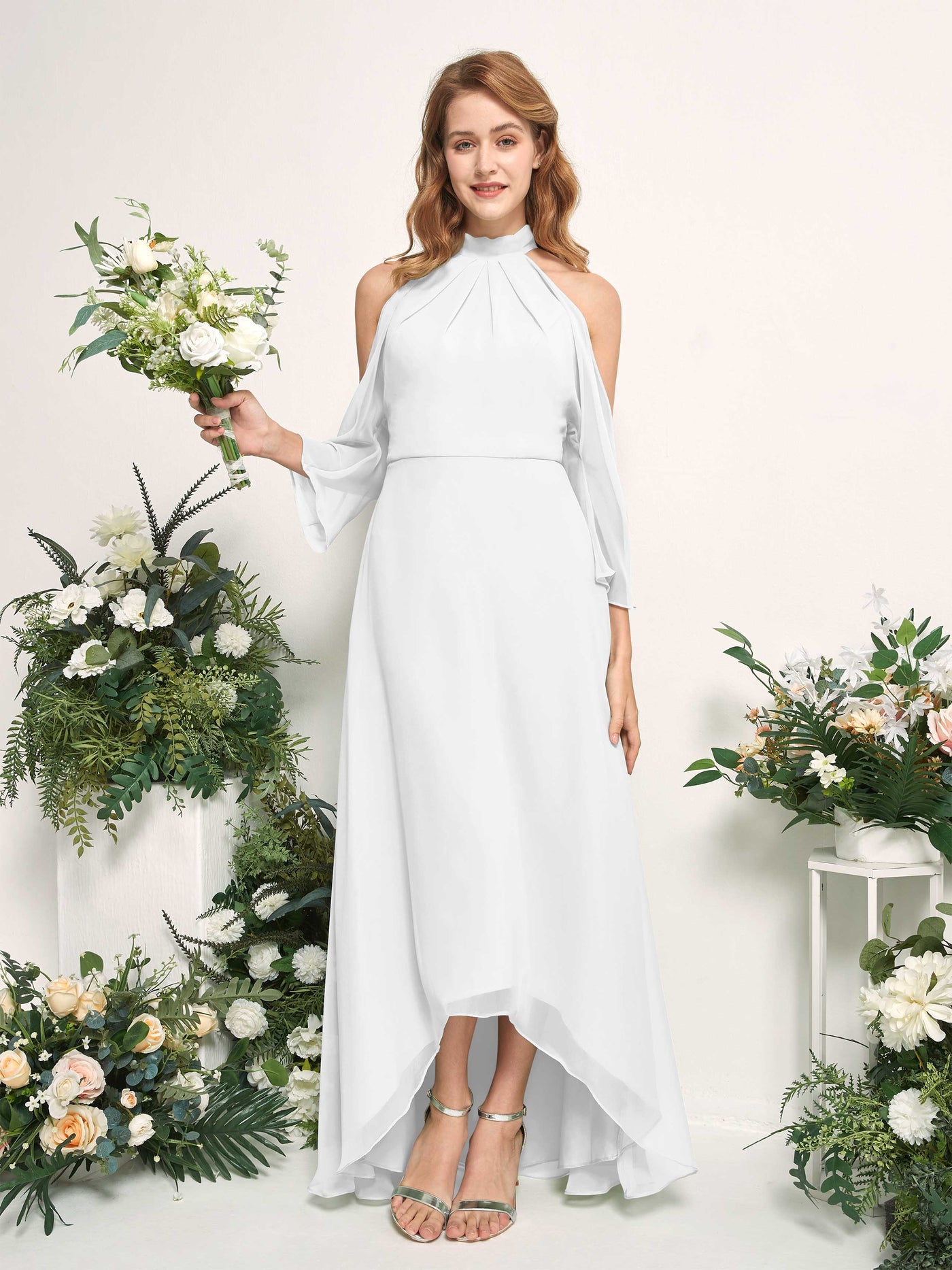 Bridesmaid Dress A-line Chiffon Halter High Low 3/4 Sleeves Wedding Party Dress - White (81227642)#color_white