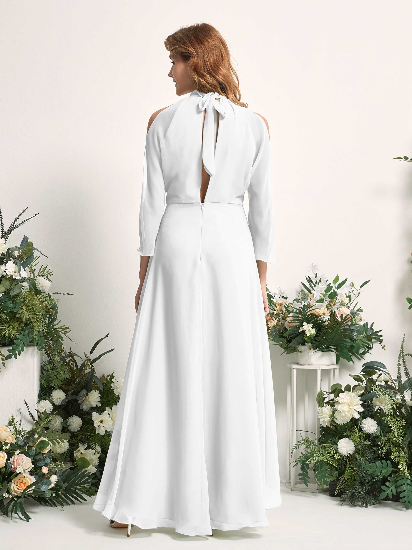 Bridesmaid Dress A-line Chiffon Halter High Low 3/4 Sleeves Wedding Party Dress - White (81227642)#color_white