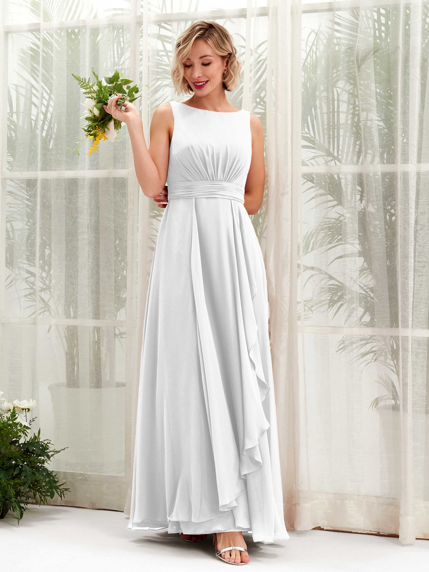 White Bridesmaid Dresses Bridesmaid Dress A-line Chiffon Bateau Full Length Sleeveless Wedding Party Dress (81225842)#color_white