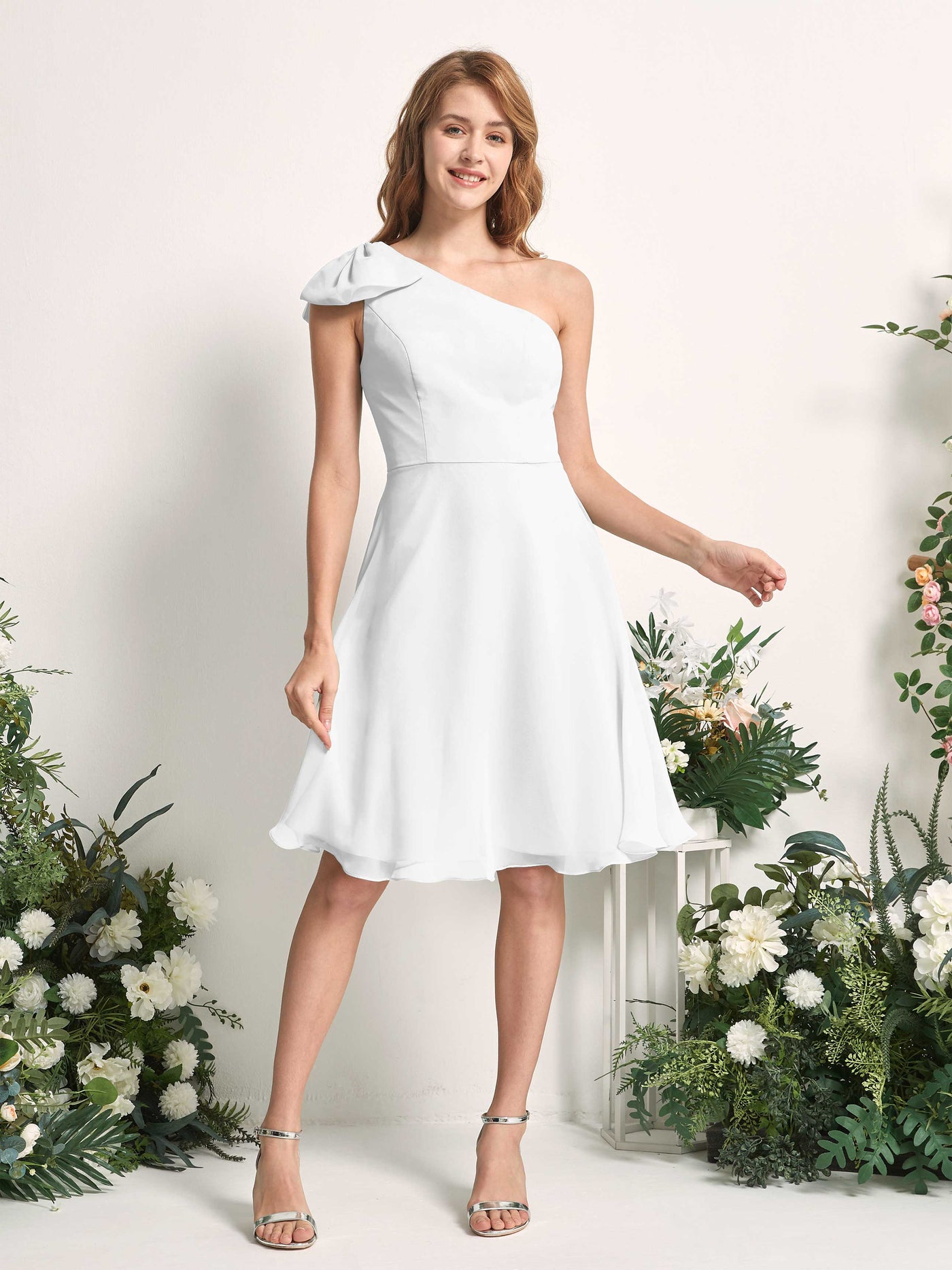 Bridesmaid Dress A-line Chiffon One Shoulder Knee Length Sleeveless Wedding Party Dress - White (81227042)#color_white