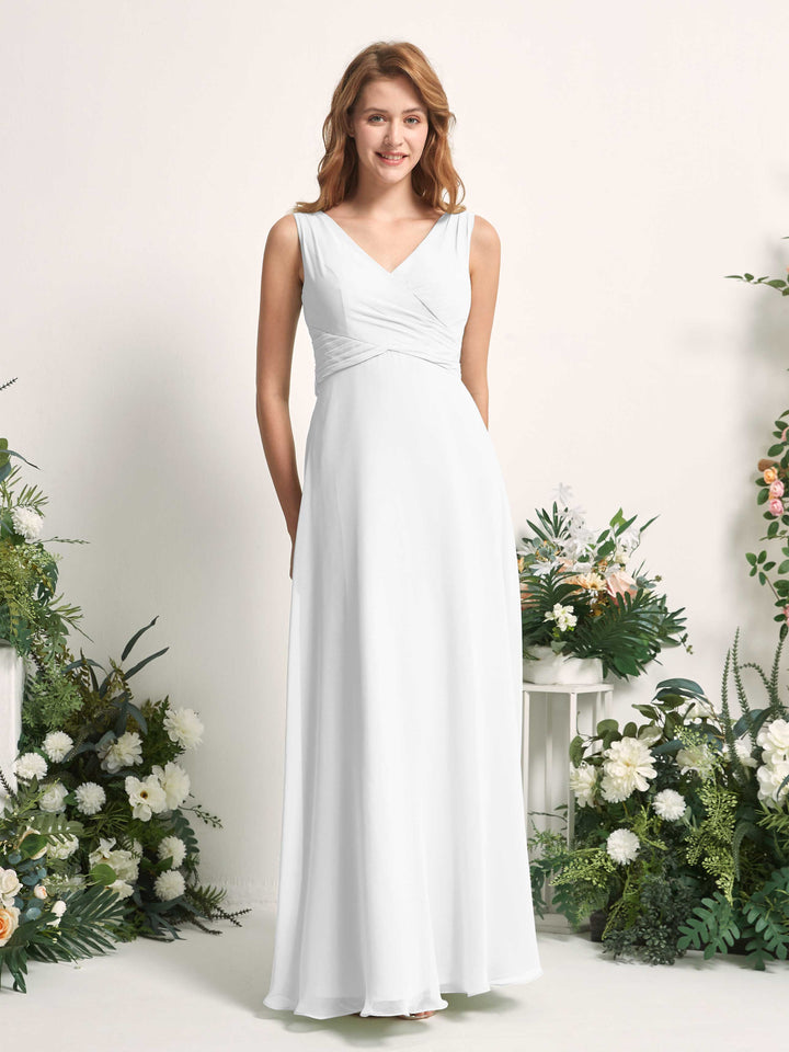 Bridesmaid Dress A-line Chiffon Straps Full Length Sleeveless Wedding Party Dress - White (81227342)