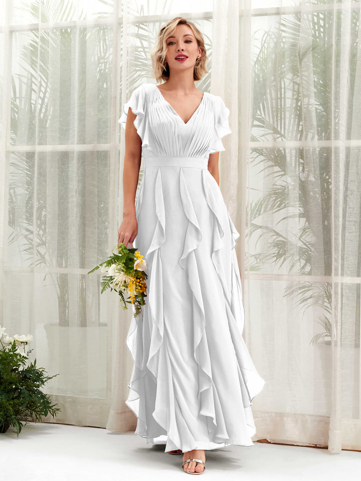 A-line Open back V-neck Short Sleeves Chiffon Bridesmaid Dress - White (81226042)