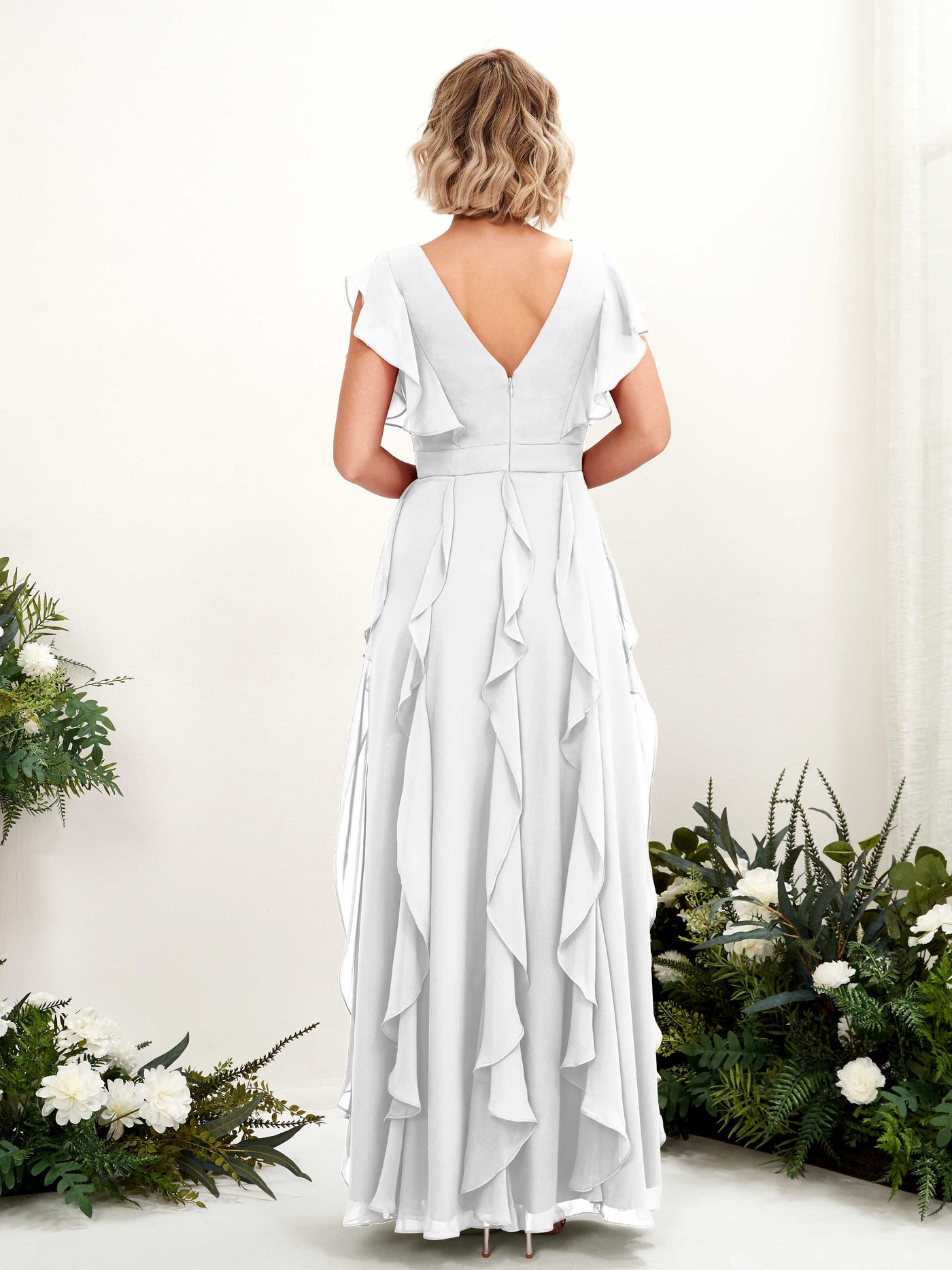 A-line Open back V-neck Short Sleeves Chiffon Bridesmaid Dress - White (81226042)#color_white