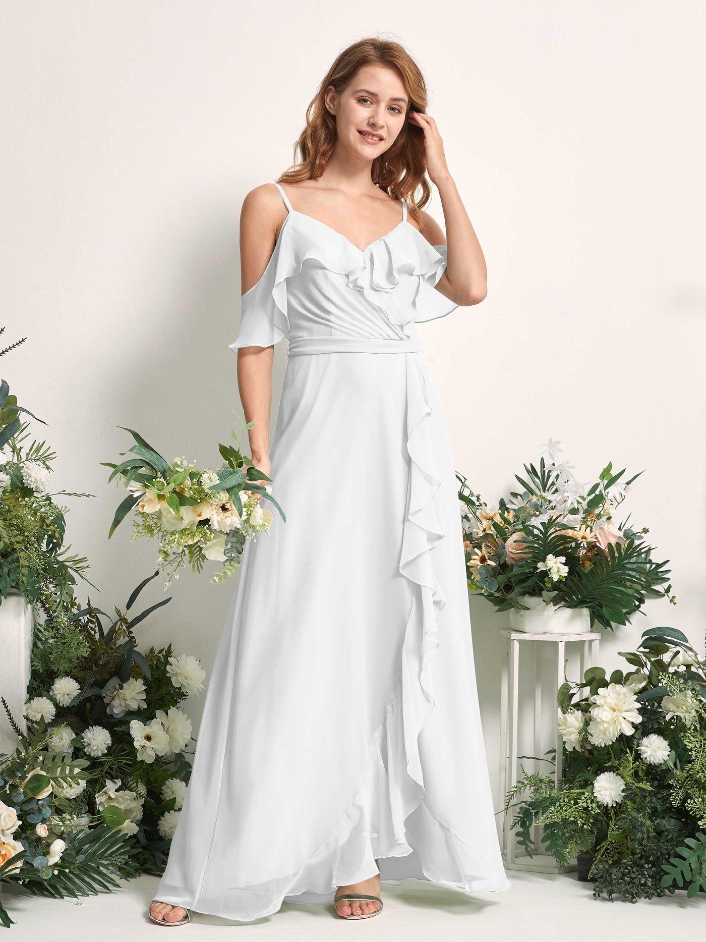 Bridesmaid Dress A-line Chiffon Spaghetti-straps Full Length Sleeveless Wedding Party Dress - White (81227442)#color_white
