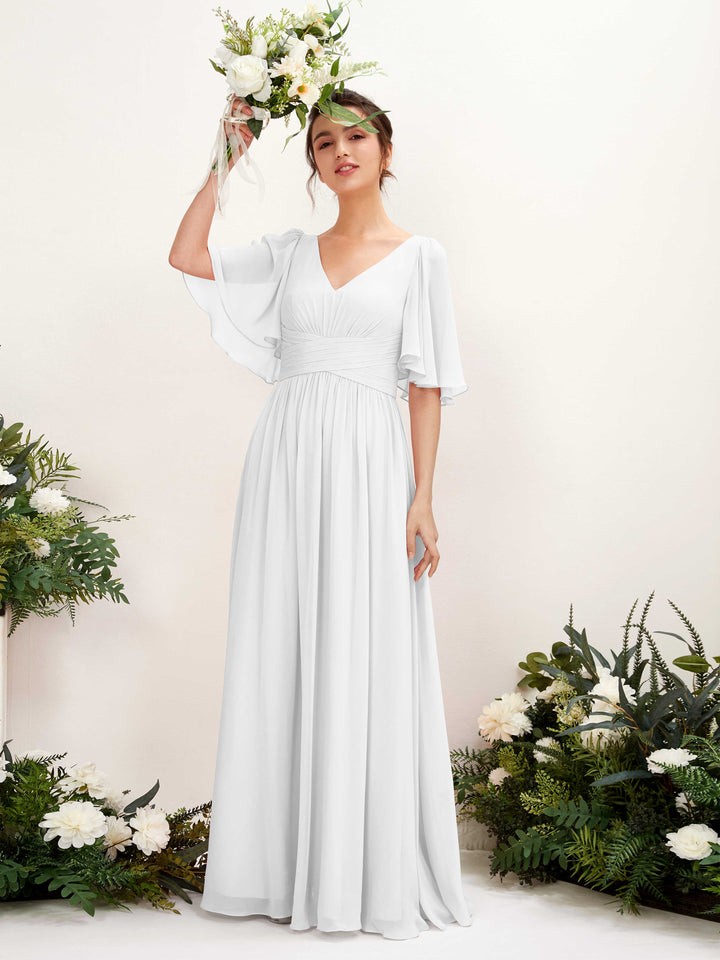 White Bridesmaid Dresses Bridesmaid Dress A-line Chiffon V-neck Full Length 1/2 Sleeves Wedding Party Dress (81221642)