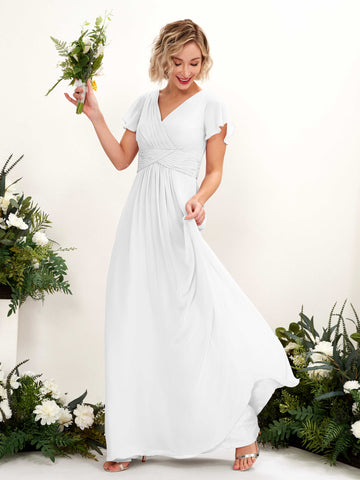 White Bridesmaid Dresses Bridesmaid Dress A-line Chiffon V-neck Full Length Short Sleeves Wedding Party Dress (81224342)#color_white