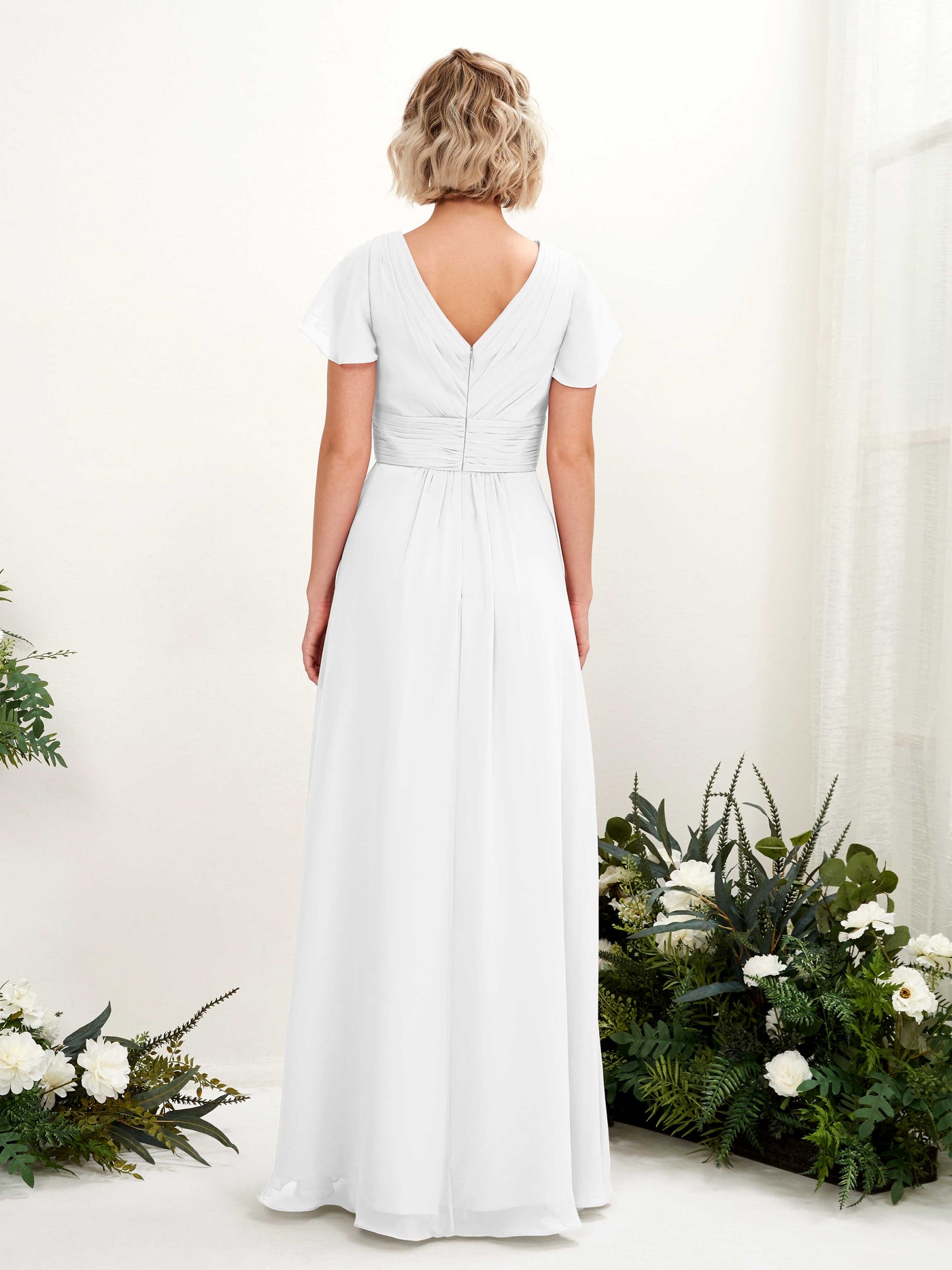 White Bridesmaid Dresses Bridesmaid Dress A-line Chiffon V-neck Full Length Short Sleeves Wedding Party Dress (81224342)#color_white