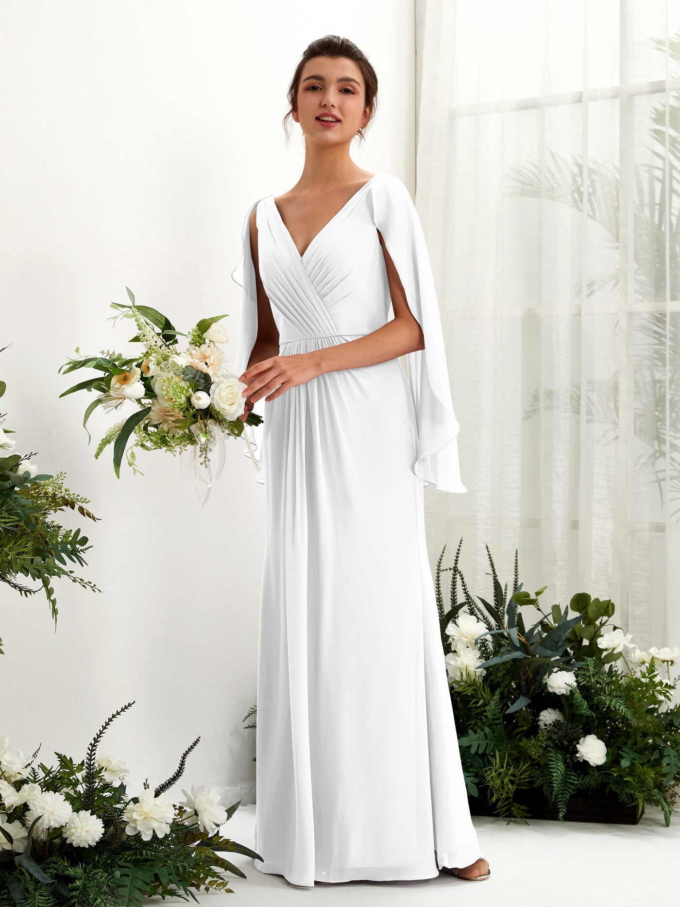 White Bridesmaid Dresses Bridesmaid Dress A-line Chiffon Straps Full Length Long Sleeves Wedding Party Dress (80220142)#color_white