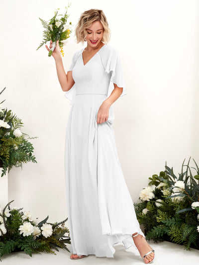 Carlyna Winnie A-Line White Bridesmaid Dress Maxi Short Sleeve V-Neck Dress Front View #color_white