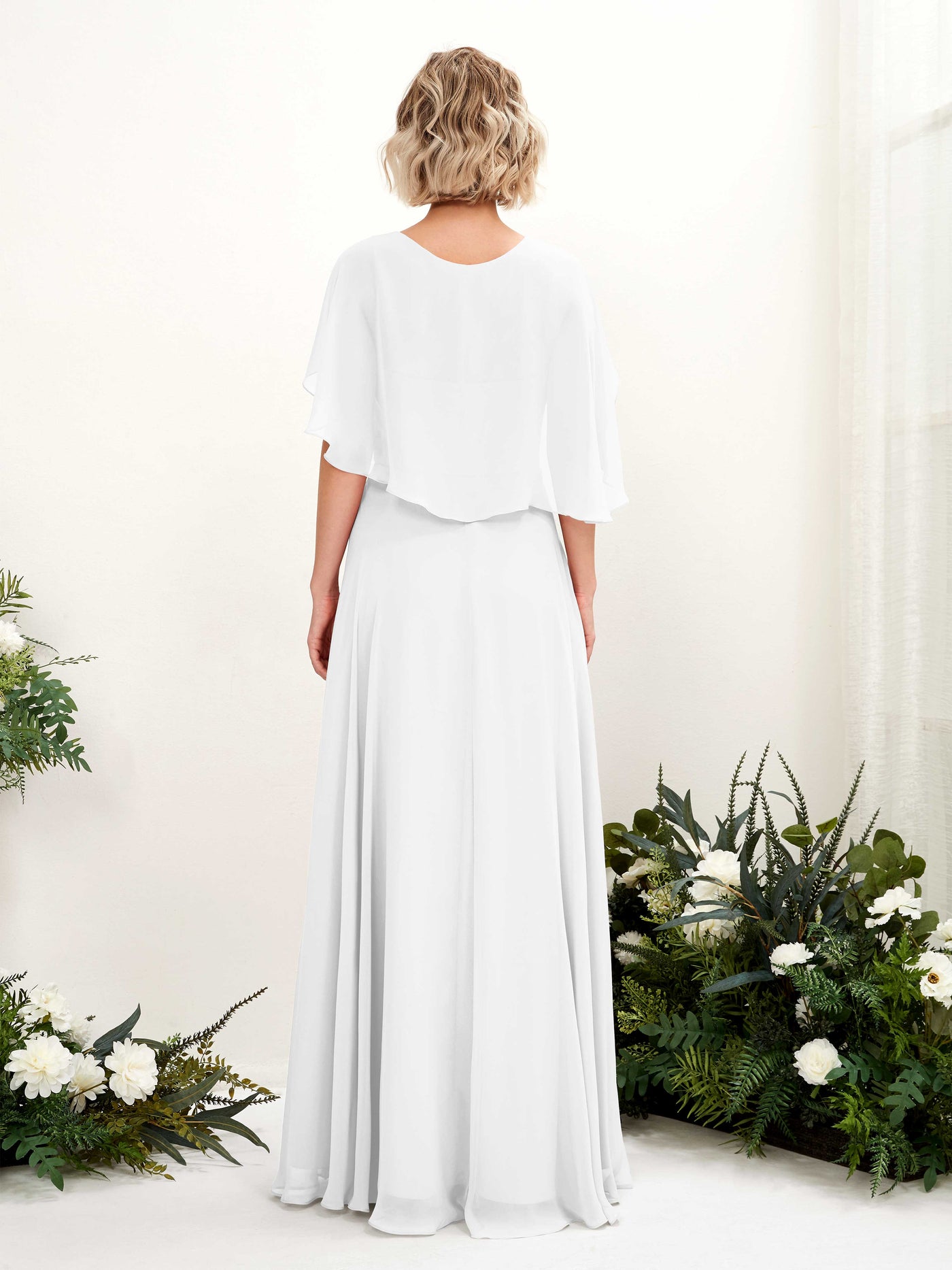 White Bridesmaid Dresses Bridesmaid Dress A-line Chiffon V-neck Full Length Short Sleeves Wedding Party Dress (81224442)#color_white