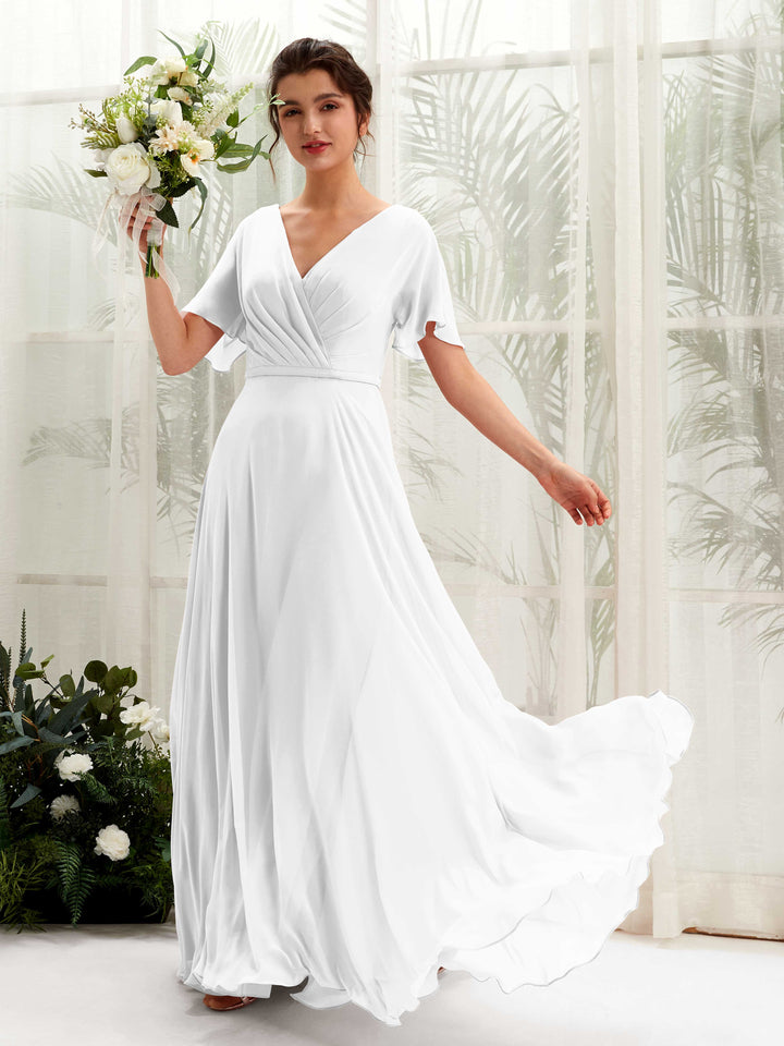 White Bridesmaid Dresses Bridesmaid Dress A-line Chiffon V-neck Full Length Short Sleeves Wedding Party Dress (81224642)
