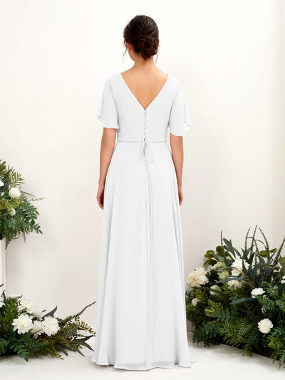 Carlyna Daphne A-Line White Bridesmaid Dress Maxi Short Sleeve V-Neck Dress Back View #color_white