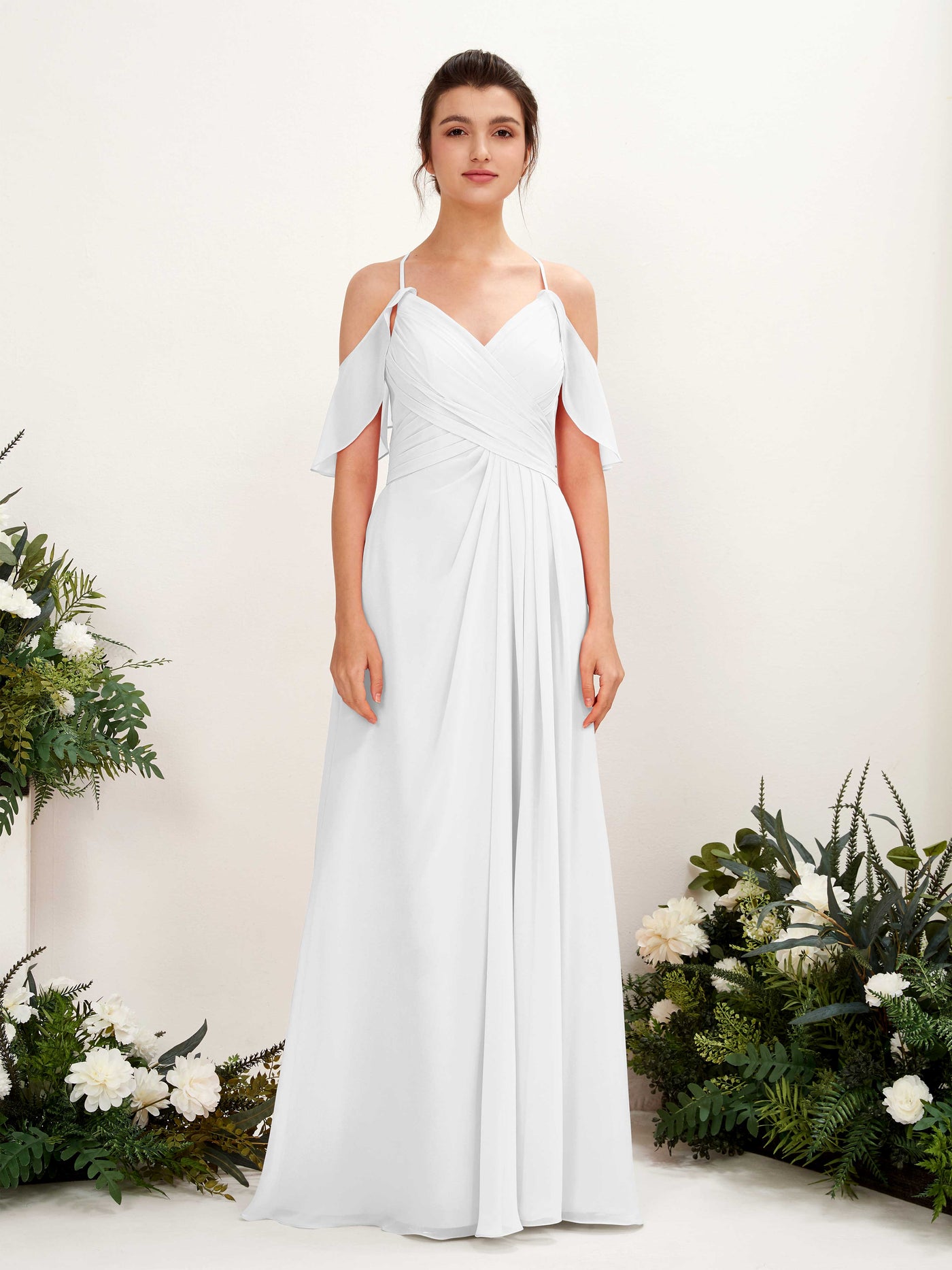 Ball Gown Off Shoulder Spaghetti-straps Chiffon Bridesmaid Dress - White (81221742)#color_white