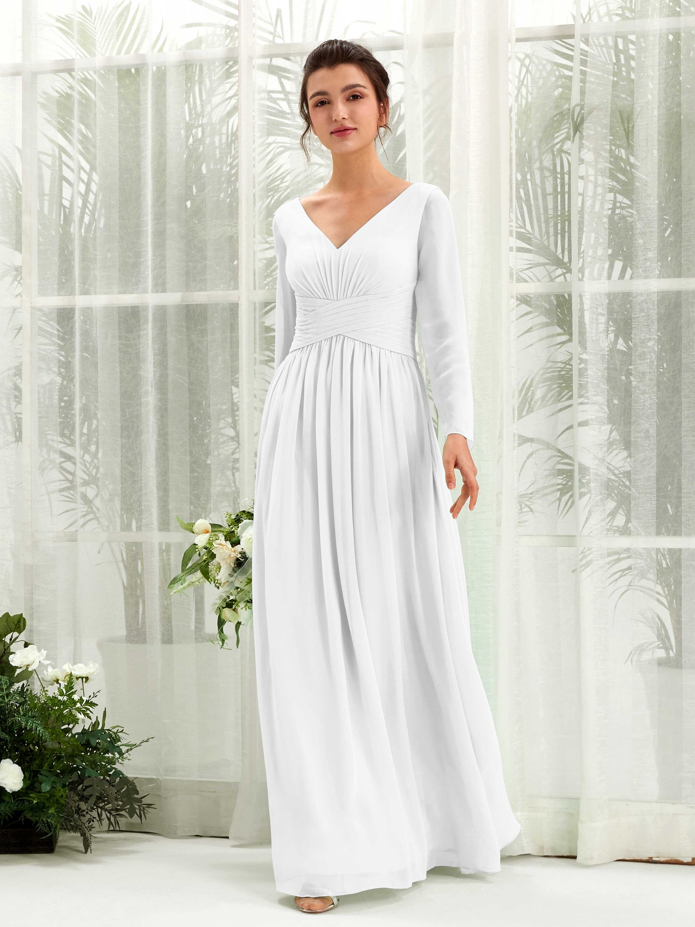White Bridesmaid Dresses Bridesmaid Dress A-line Chiffon V-neck Full Length Long Sleeves Wedding Party Dress (81220342)#color_white
