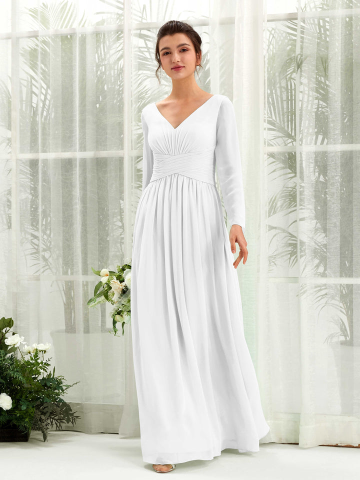 White Bridesmaid Dresses Bridesmaid Dress A-line Chiffon V-neck Full Length Long Sleeves Wedding Party Dress (81220342)