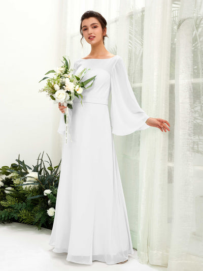 White Bridesmaid Dresses Bridesmaid Dress A-line Chiffon Bateau Full Length Long Sleeves Wedding Party Dress (81220542)#color_white