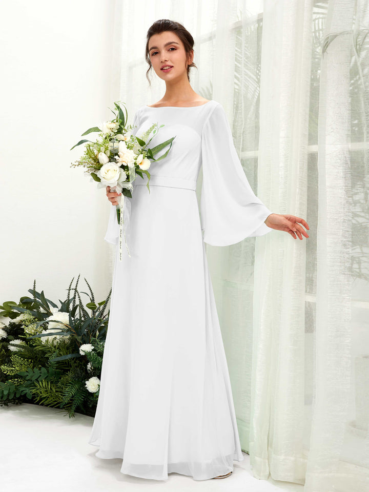 White Bridesmaid Dresses Bridesmaid Dress A-line Chiffon Bateau Full Length Long Sleeves Wedding Party Dress (81220542)