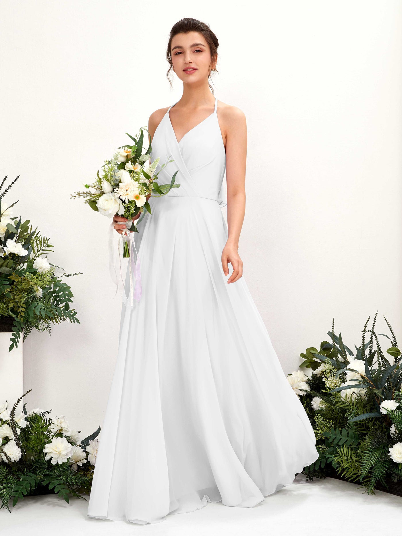 Halter V-neck Sleeveless Chiffon Bridesmaid Dress - White (81221042)#color_white